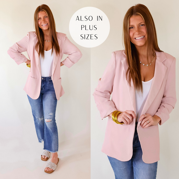 Model is wearing a lavender blazer with pockets, collar, and scrunched sleeves