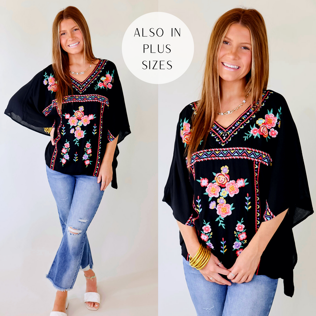 Beautiful Borders Half Sleeve V Neck Floral Embroidered Top in Black - Giddy Up Glamour Boutique