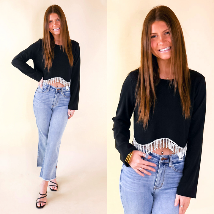 Signature Look Long Sleeve Crop Top with Crystal Fringe Trim in Black - Giddy Up Glamour Boutique