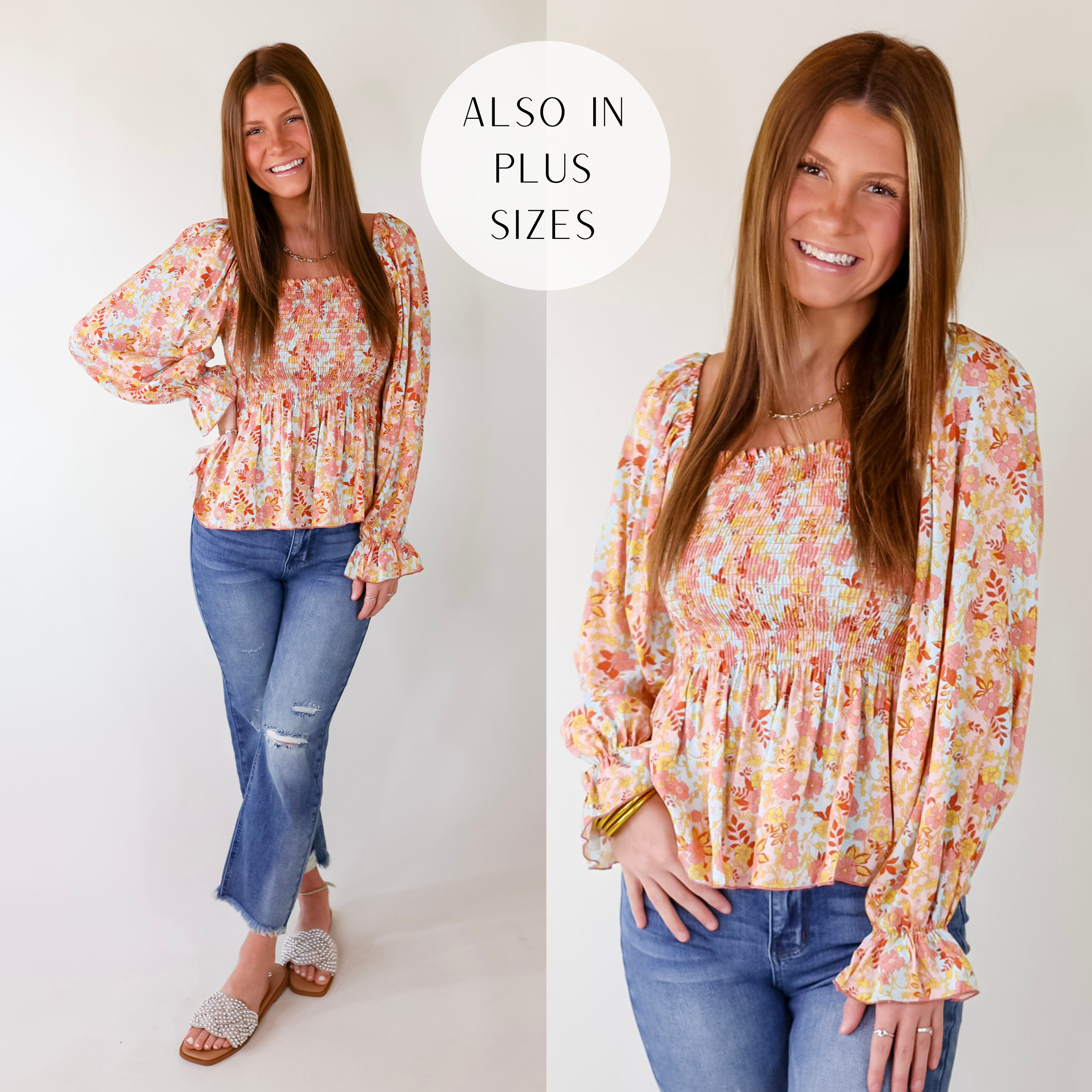 Confidently Me Floral Square Neck Long Sleeve Top in Pink - Giddy Up Glamour Boutique