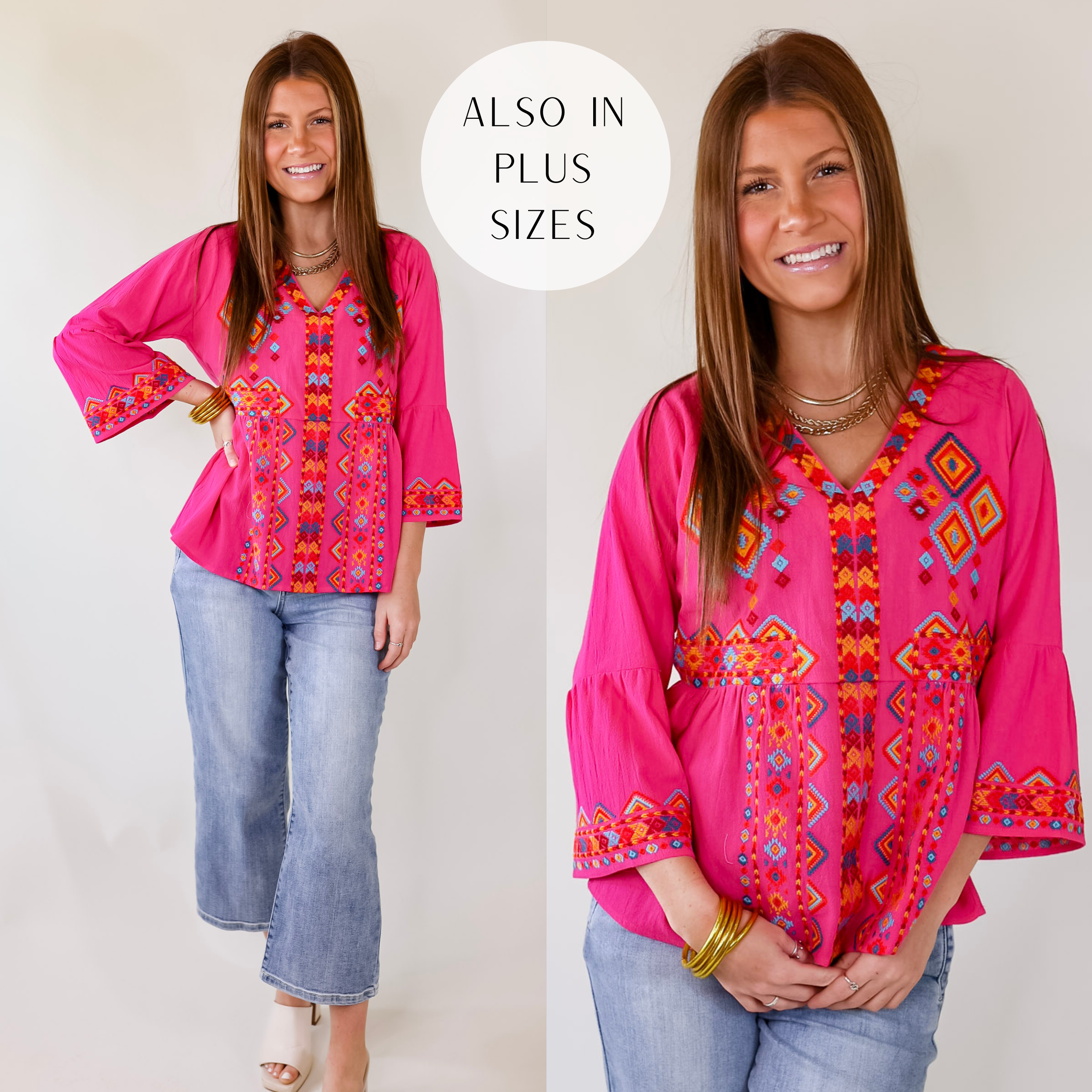 A bright pink long sleeve top featuring a V neck, flowy fit, and colorful tribal stitching throughout.