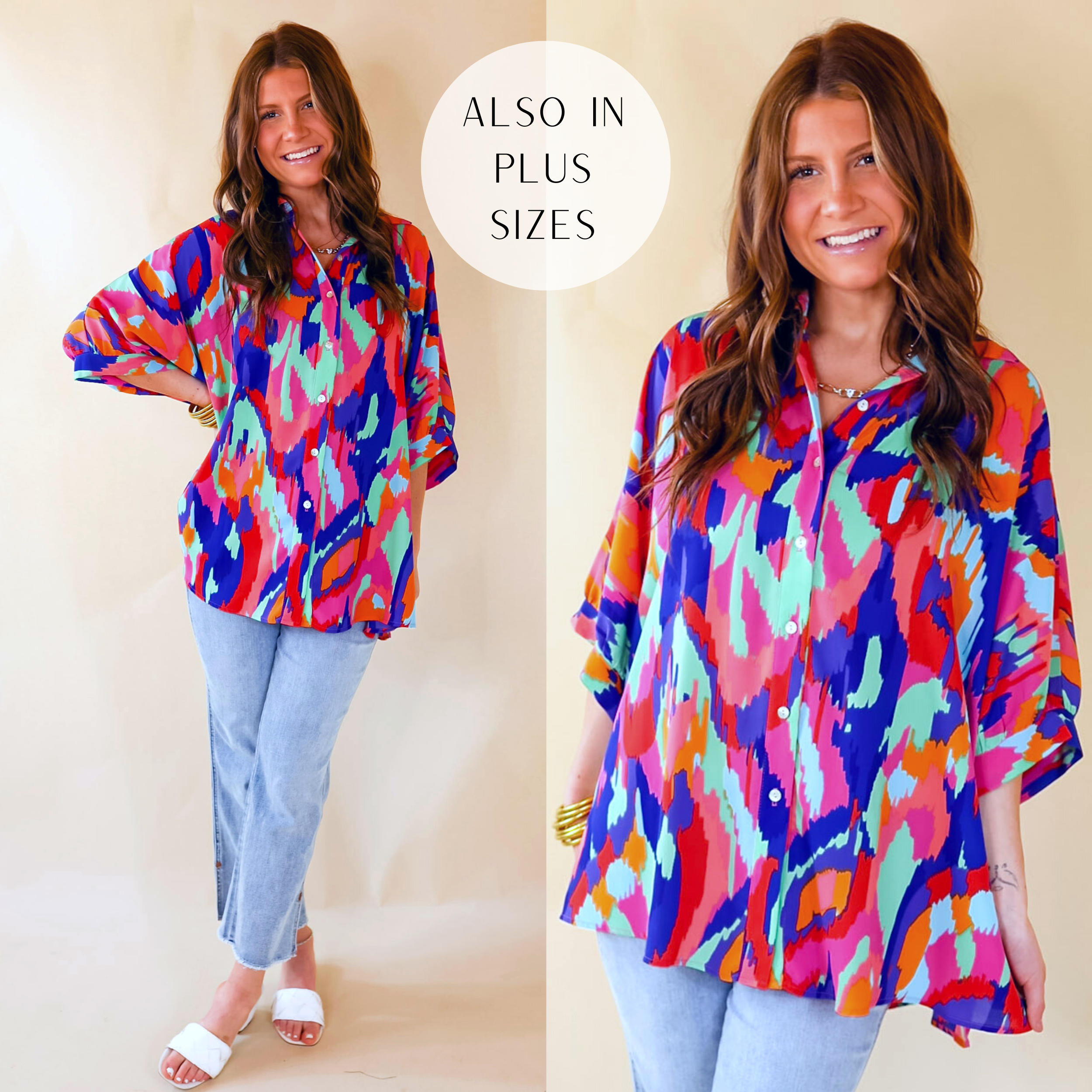 Sophisticated Sweetie Button Up Brush Stroke Print Poncho Top in Blue Mix - Giddy Up Glamour Boutique