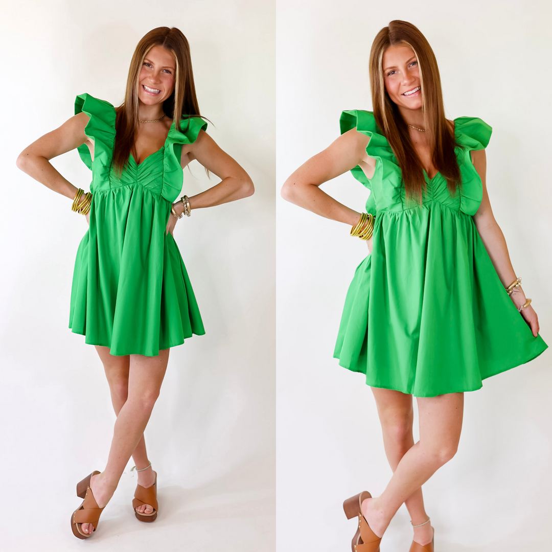 Pixie Perfect Ruffled Sleeve V Neck Dress in Green - Giddy Up Glamour Boutique