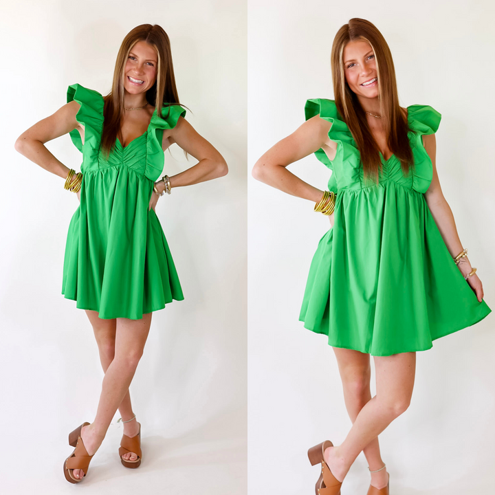 Pixie Perfect Ruffled Sleeve V Neck Dress in Green - Giddy Up Glamour Boutique