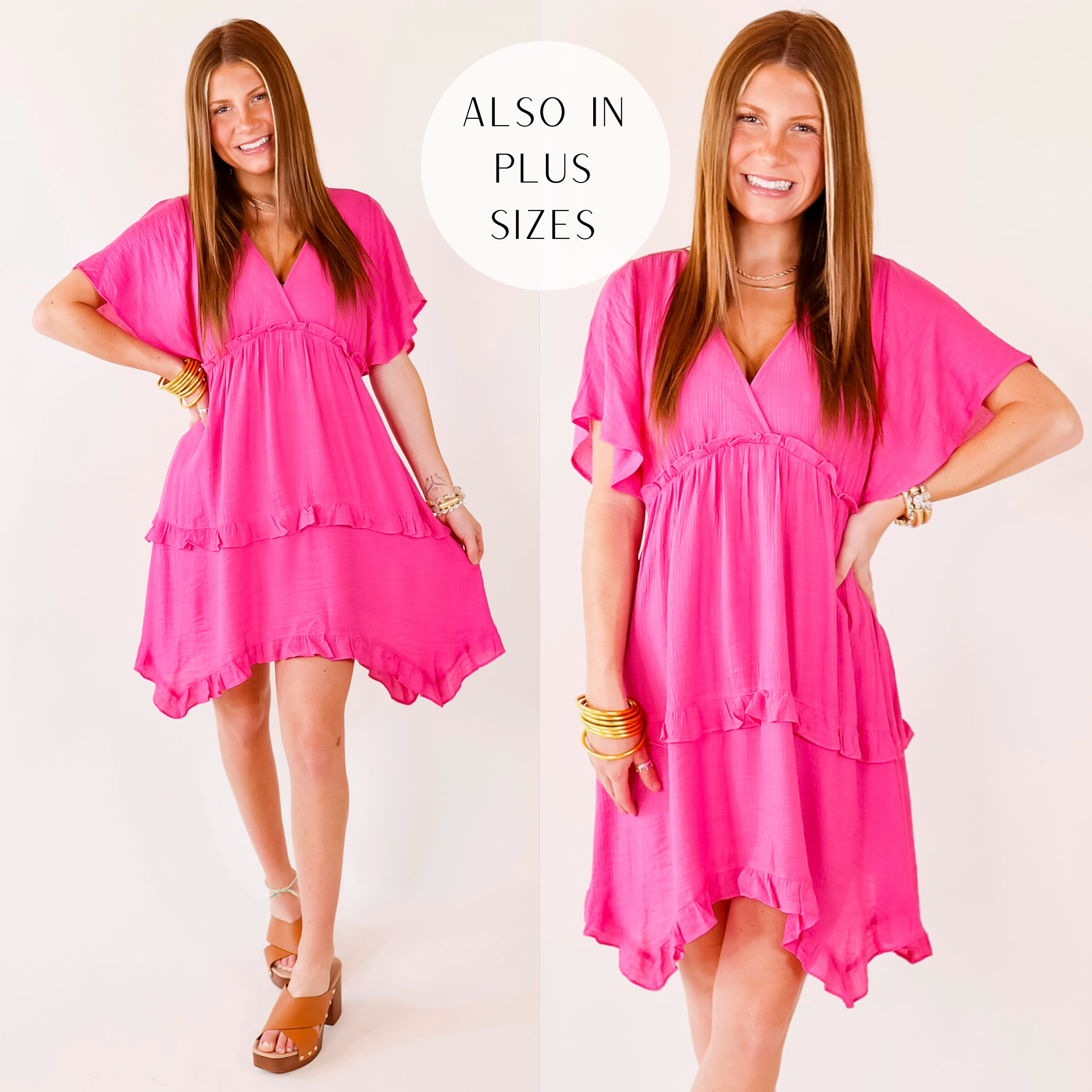 Model is wearing a v neck, ruffle tiered dress in pink.