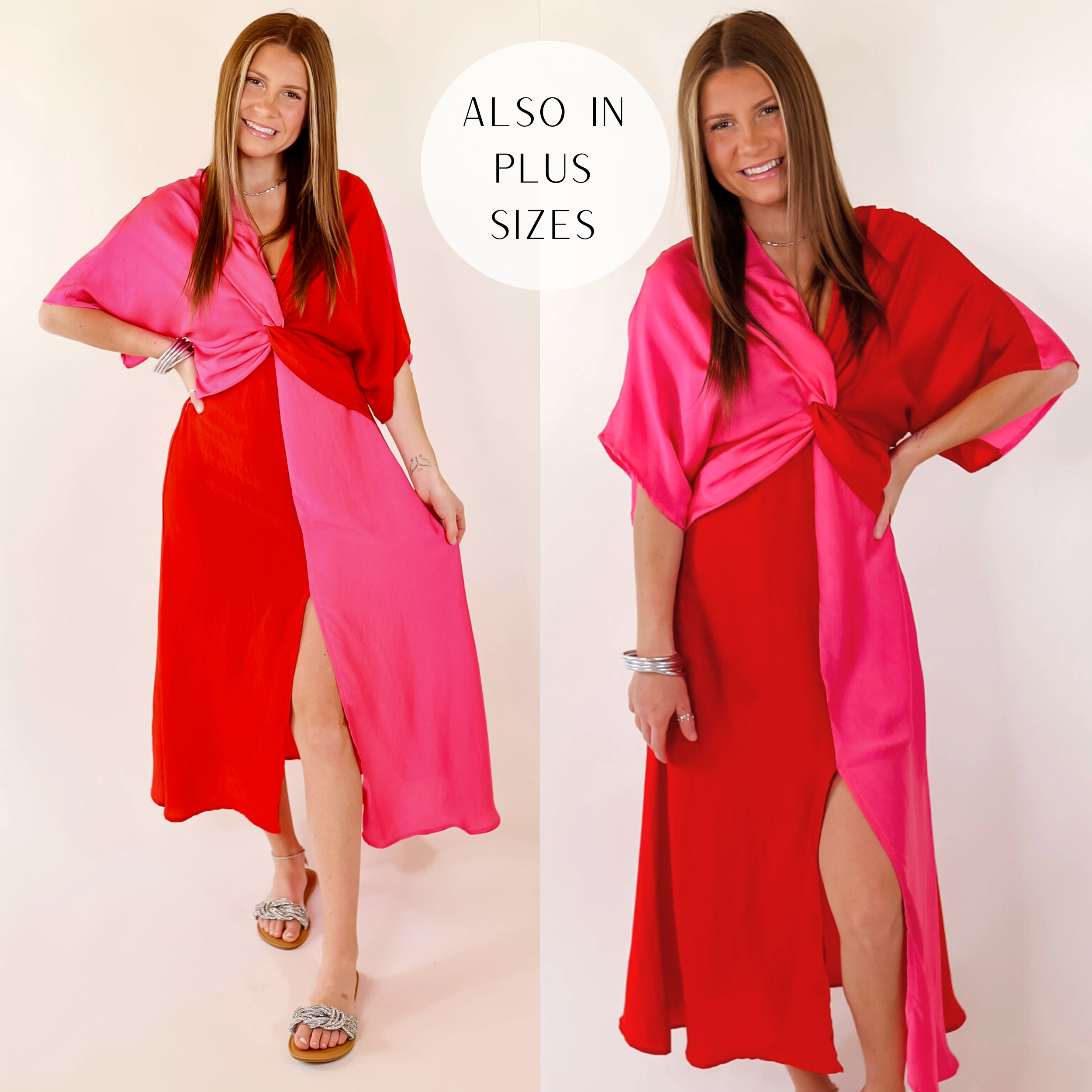 Model has a color block midi dress with a front knot in red and pink.