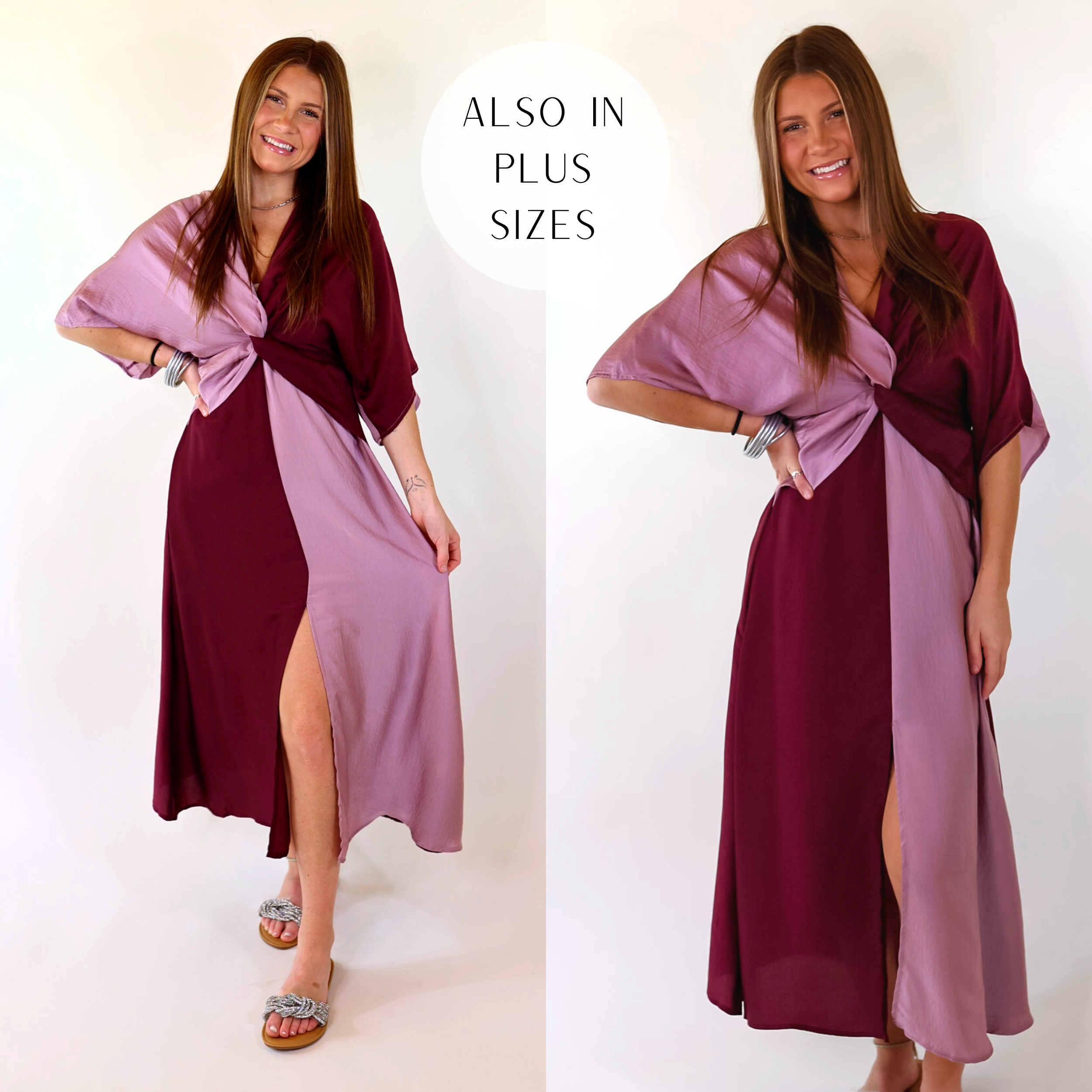 Model has a color block midi dress with a front knot in a purple mix. 