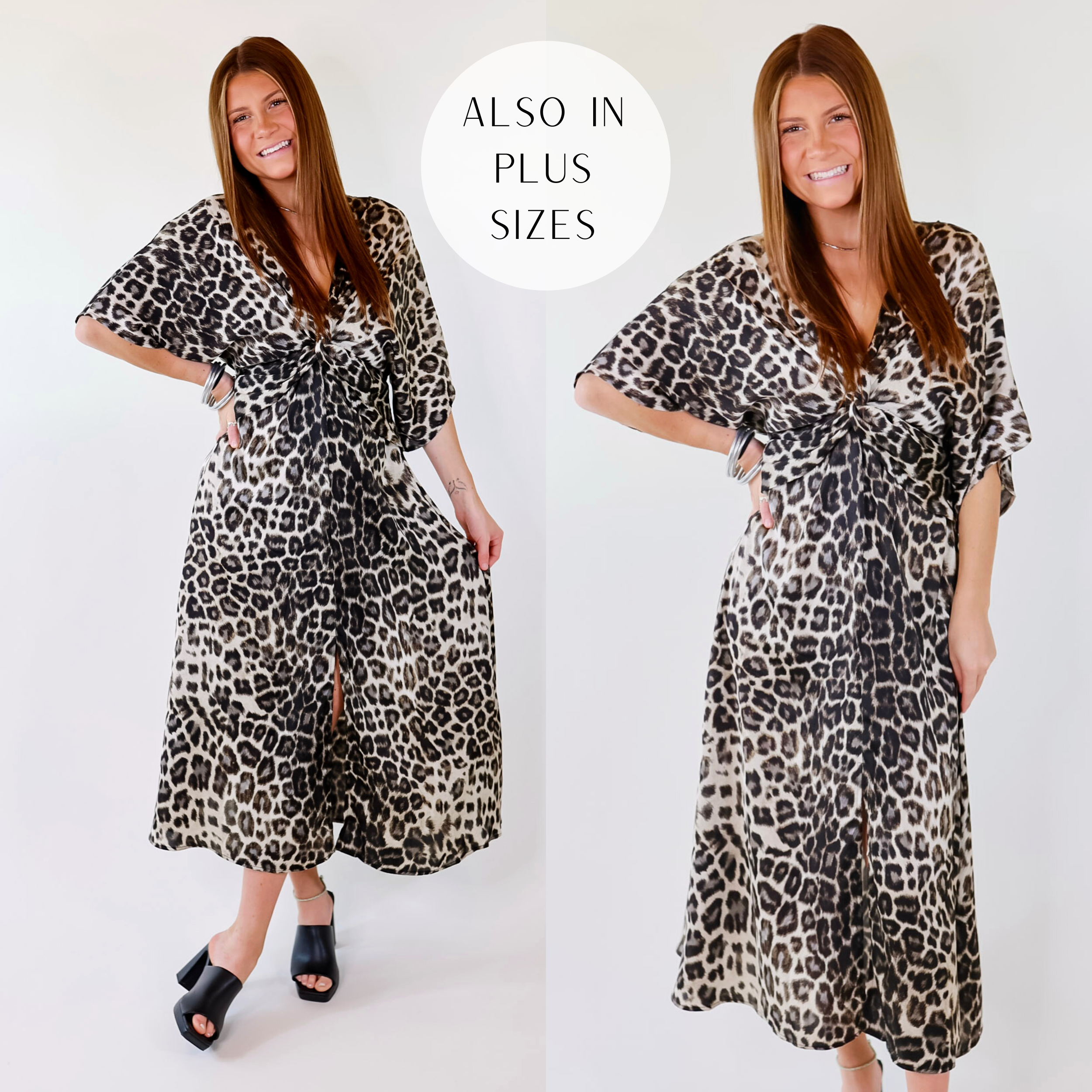 Model is wearing a midi length leopard dress in gray. 