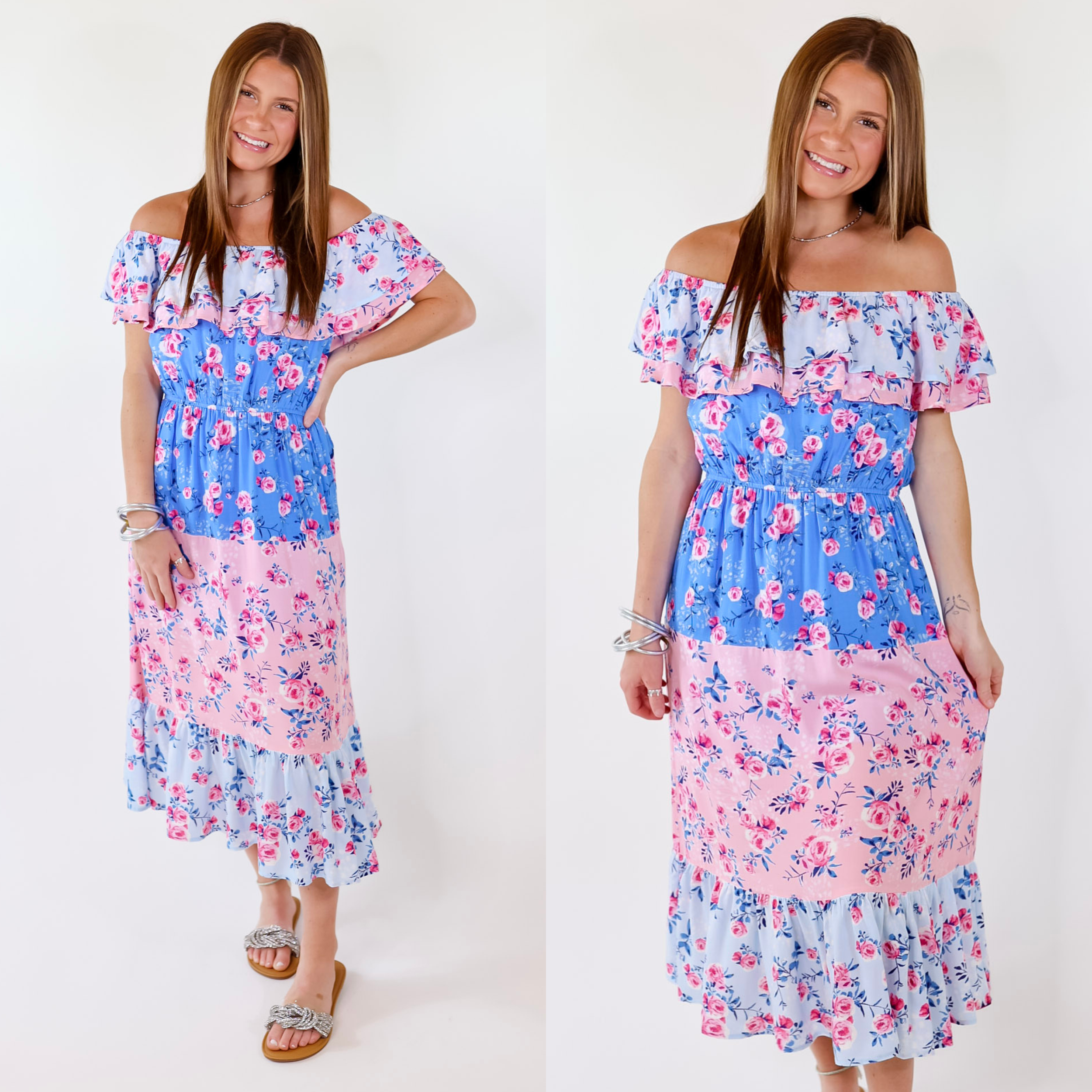 Model is wearing a pink and blue floral print midi dress with ruffle shoulders.