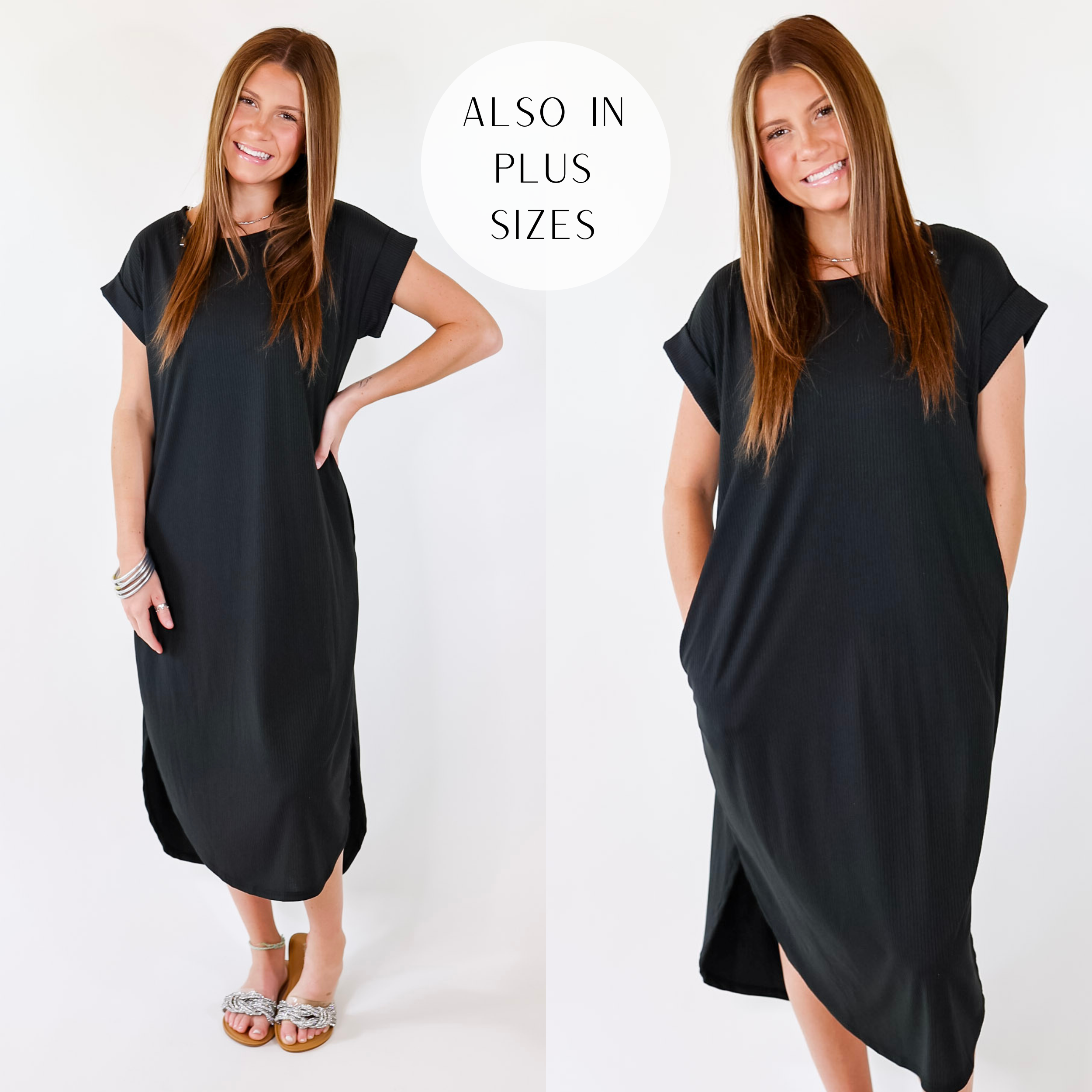 Chill Looks Short Sleeve Thin Ribbed Midi Dress in Black - Giddy Up Glamour Boutique
