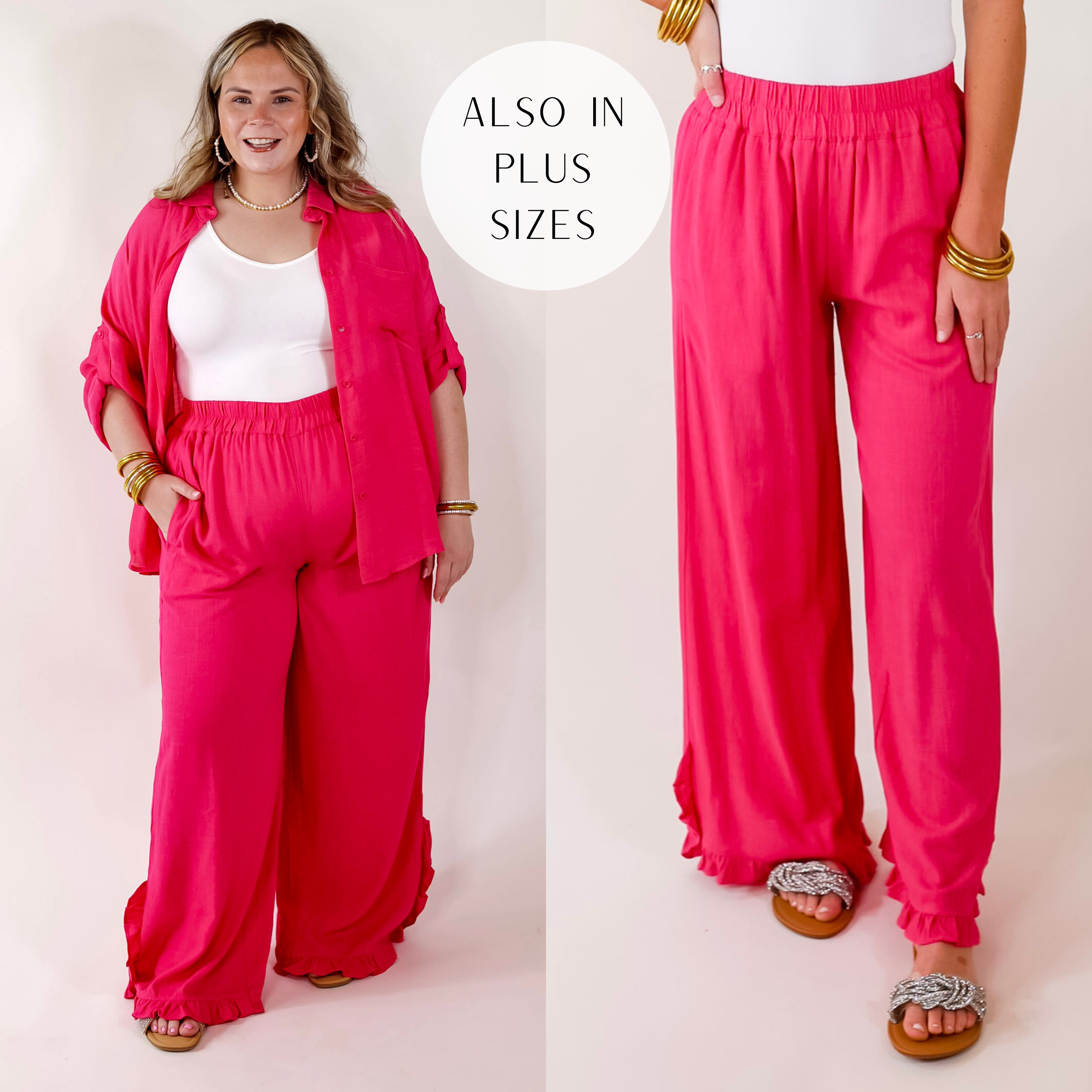 Model is wearing a pair of pink linen pants with a ruffle hem.