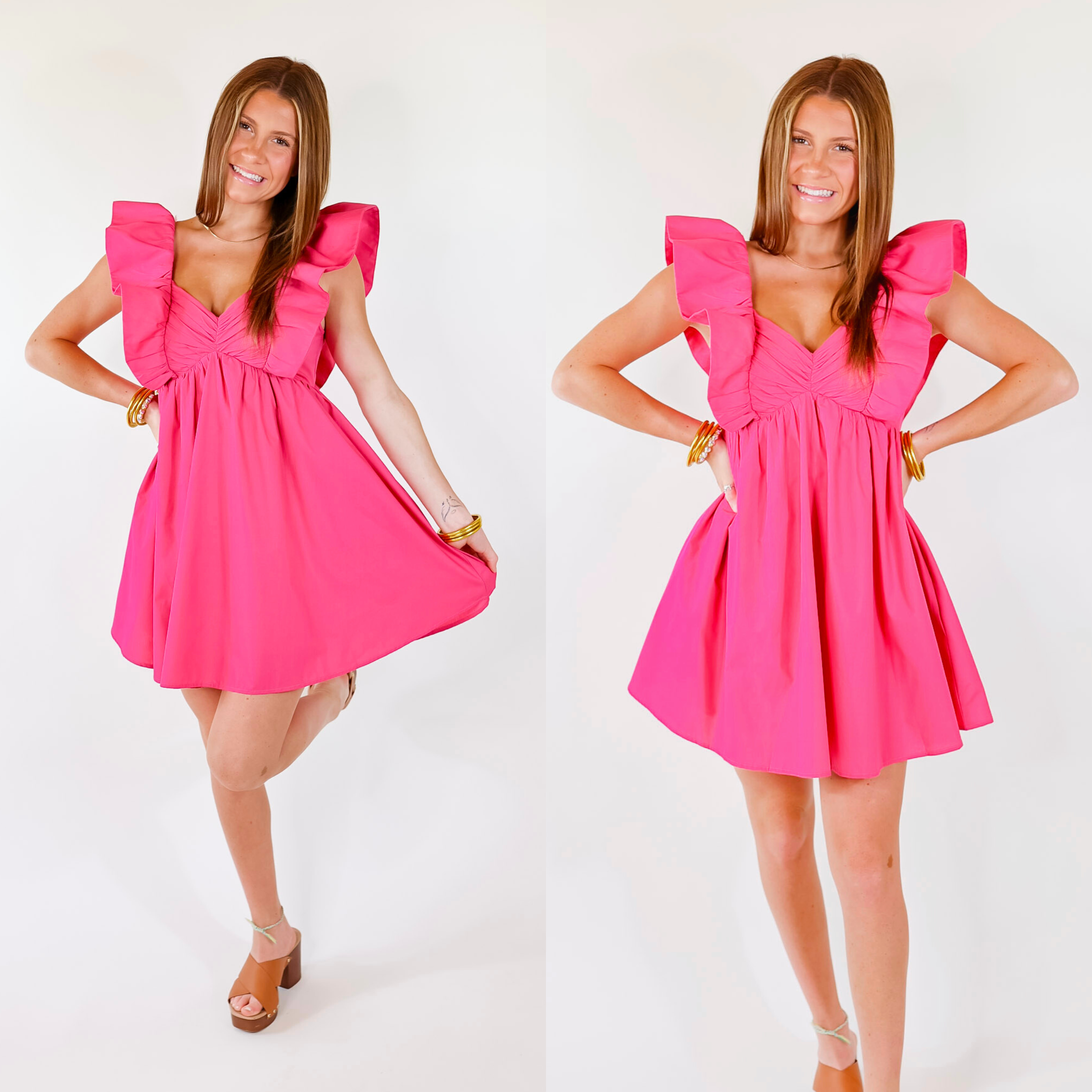 Model is wearing a short pink dress featuring ruffle sleeves, pleated bodice, and a pleated skirt.