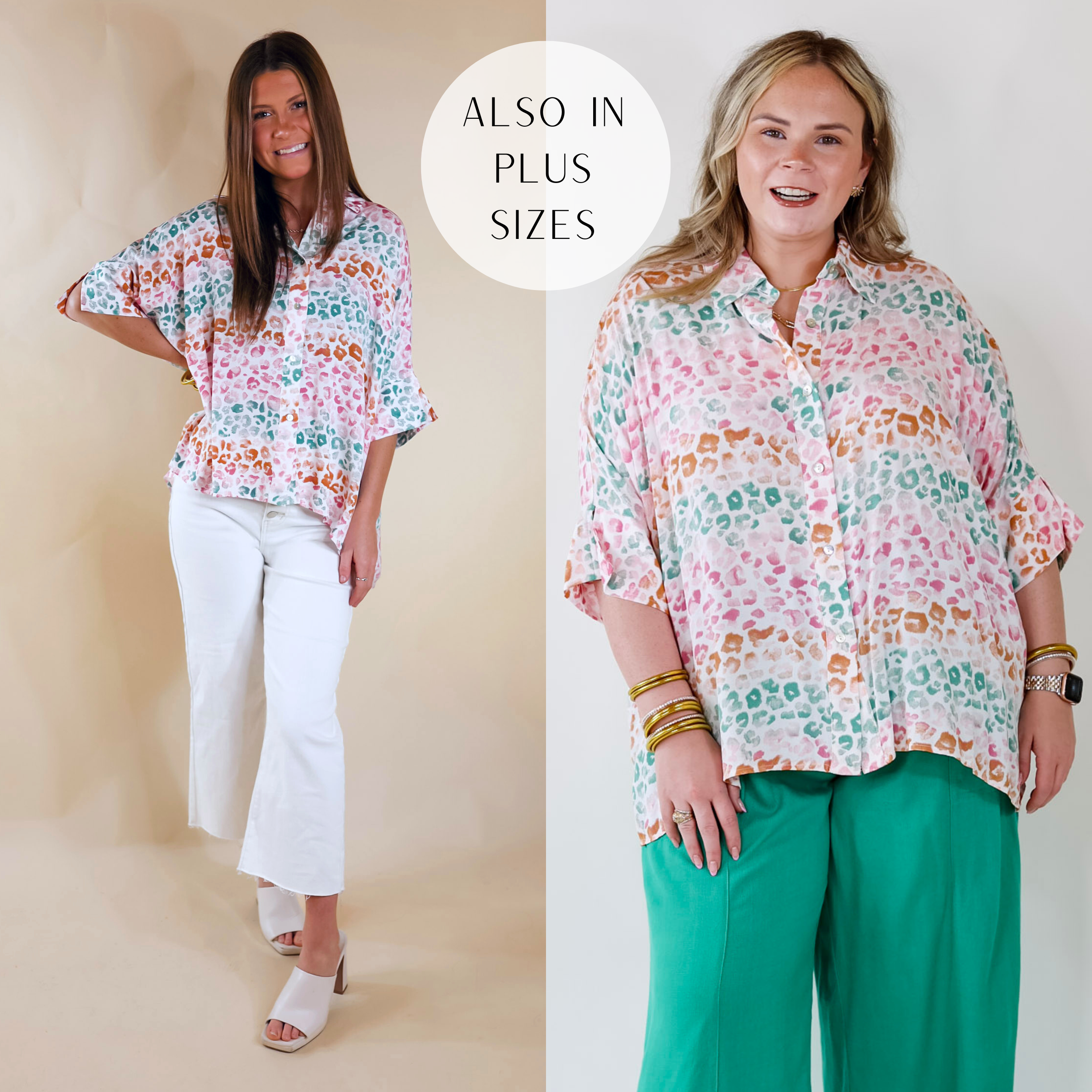 A white button up top with multi layer leopard print in pink, orange, and green Also features a button up collar, flowy half sleeves, and a relaxed loose fit. 