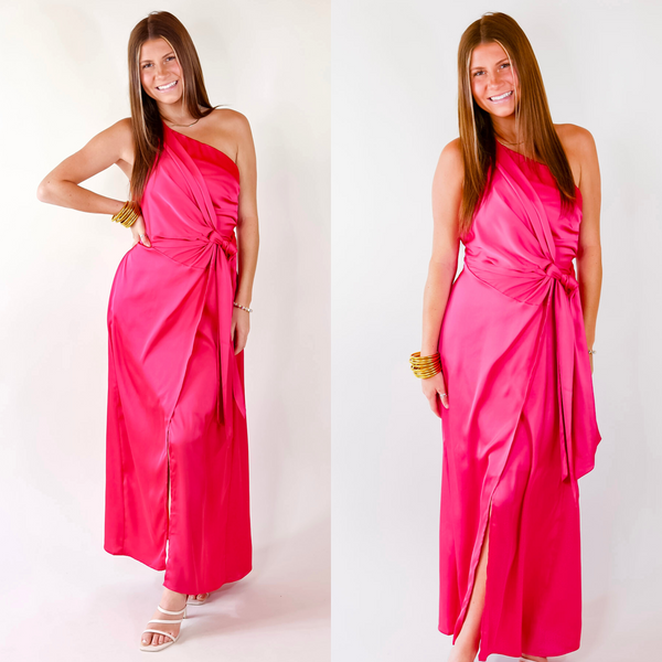 Luxury Glam One Shoulder Slit Dress in Fuschia Pink