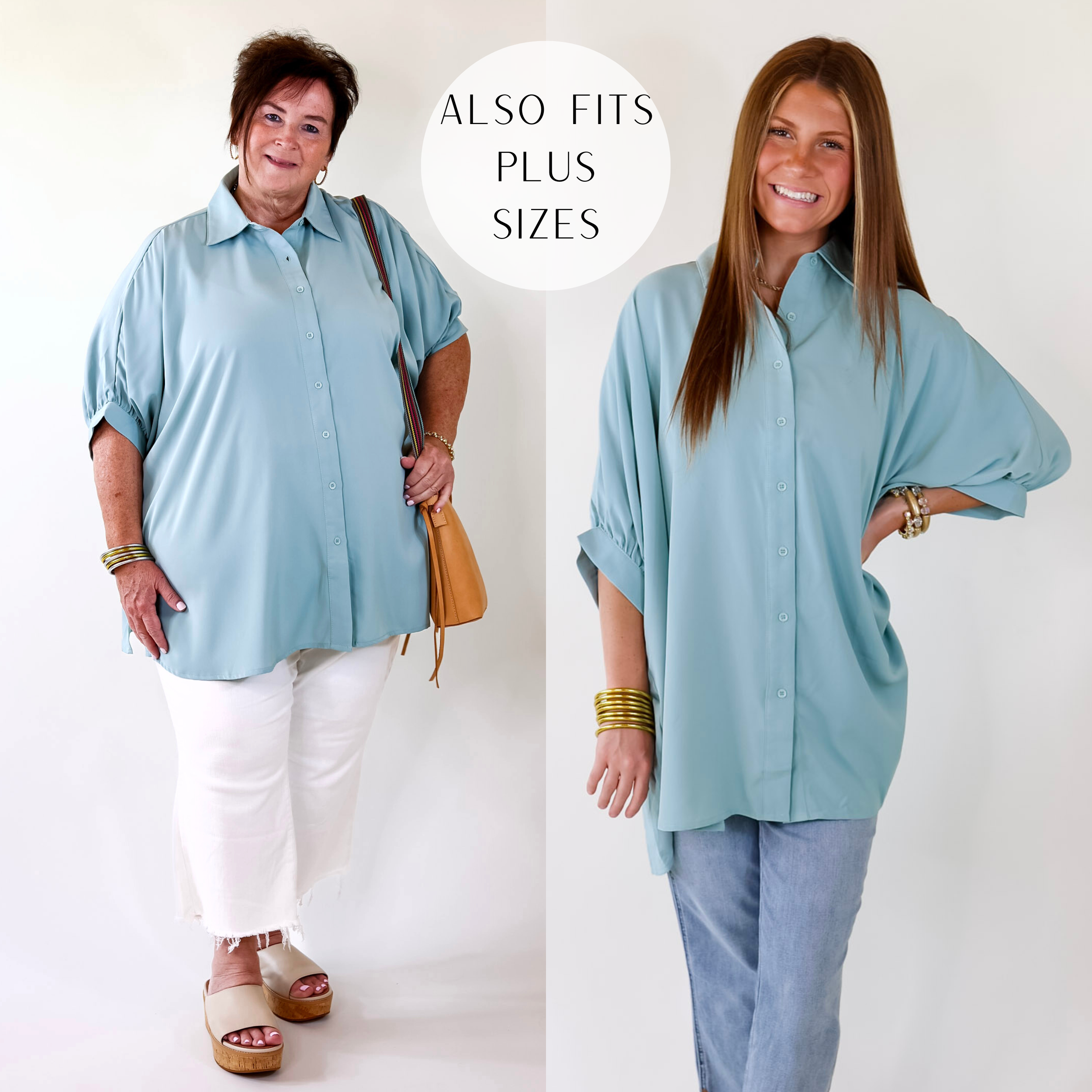 Model is wearing a seafoam blue button up top with half sleeves and a collar