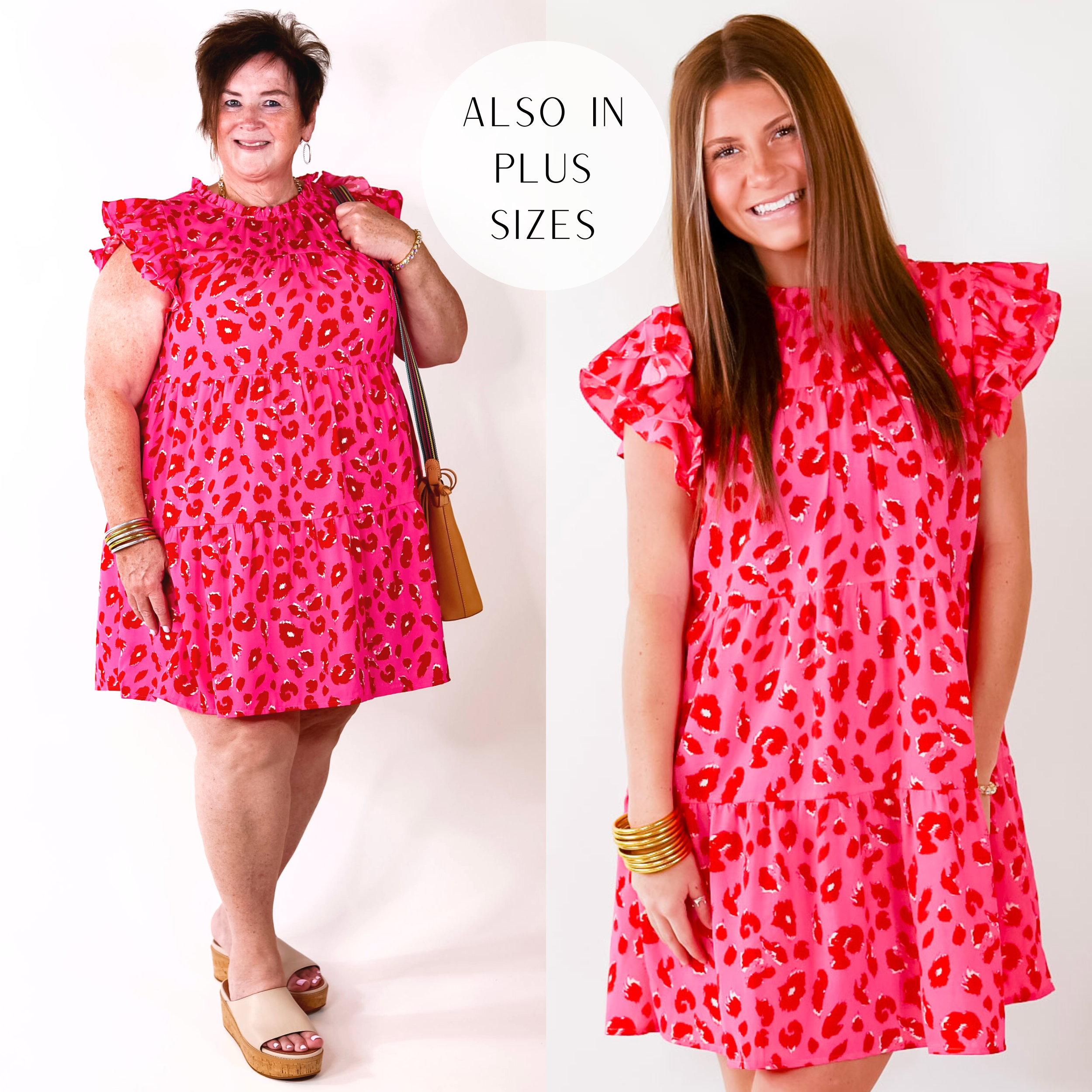 Daring and Delightful Leopard Print Dress with Ruffle Cap Sleeves in Pink