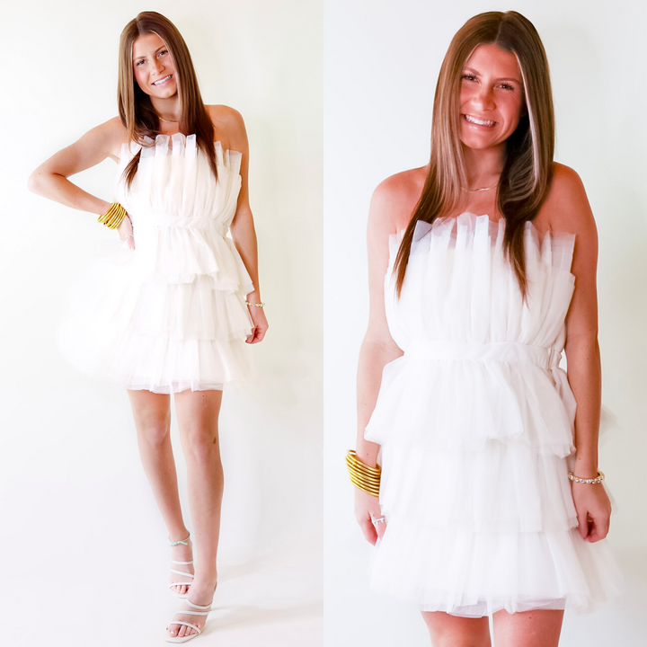 Lovestruck Babe Tulle Strapless Dress in Cream - Giddy Up Glamour Boutique