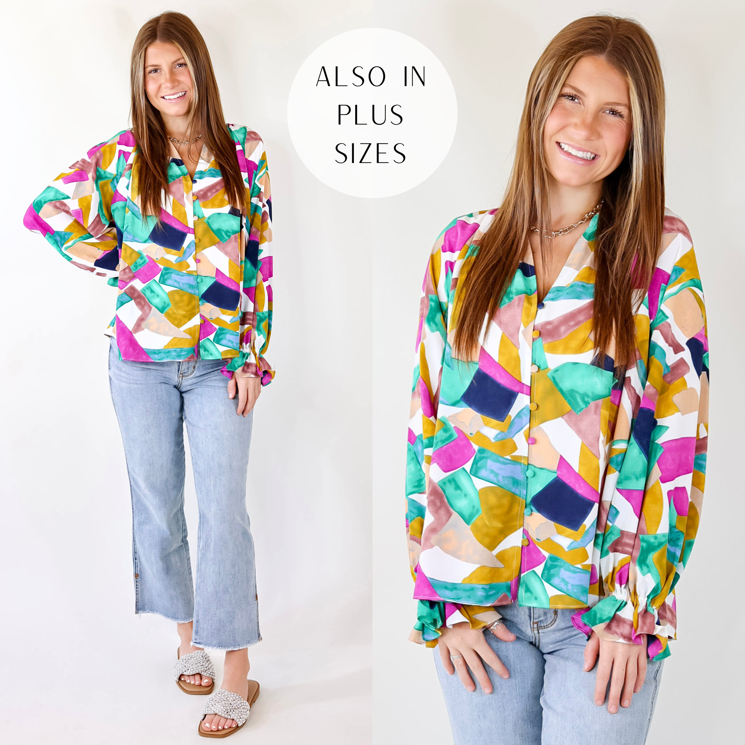 Model is wearing a white button up top featuring a green, blue, purple ,and yellow geometric print, v neckline, and color matched buttons.