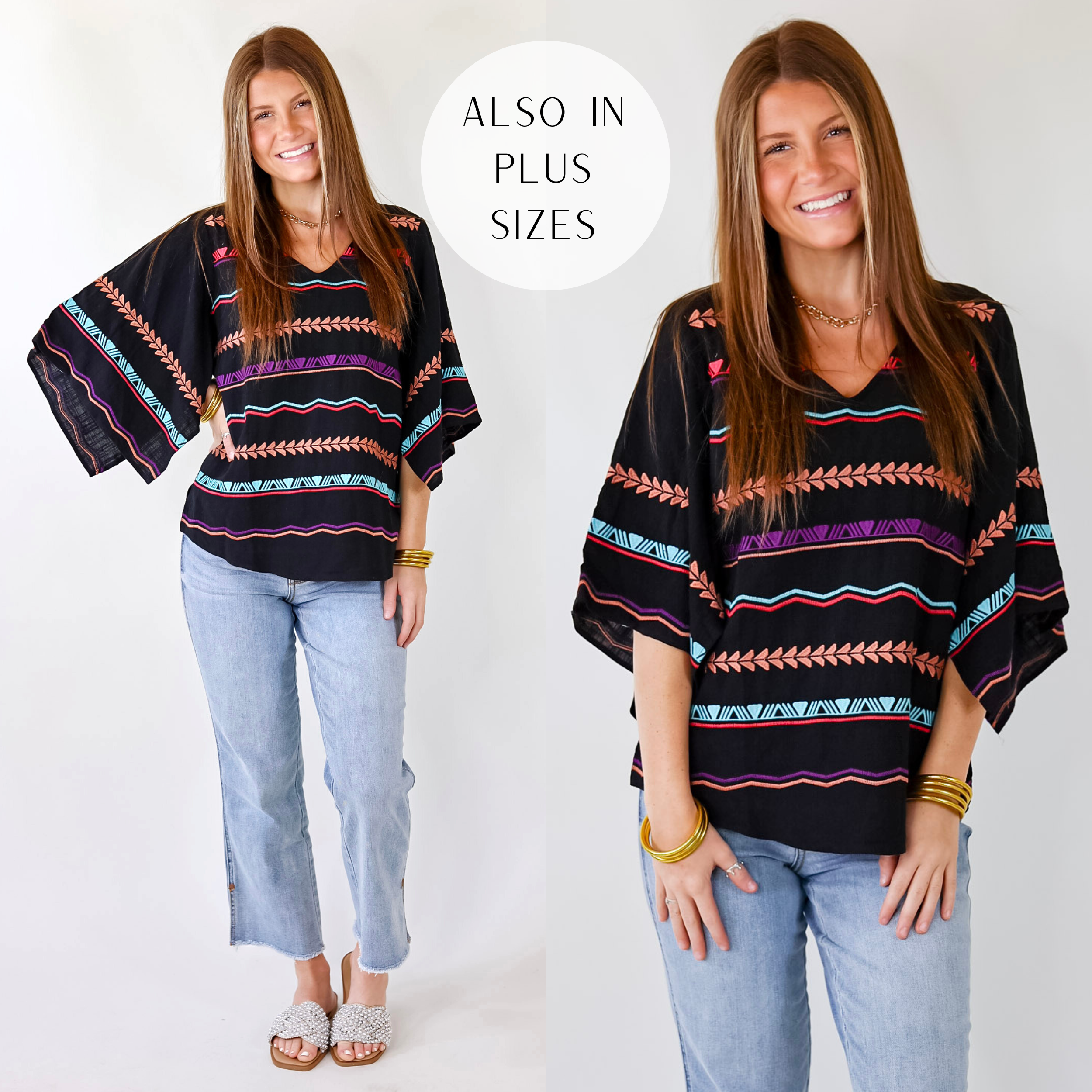 Last Chance Size Small & Medium | Boho Boardwalk Embroidered Tribal Striped Top in Black - Giddy Up Glamour Boutique