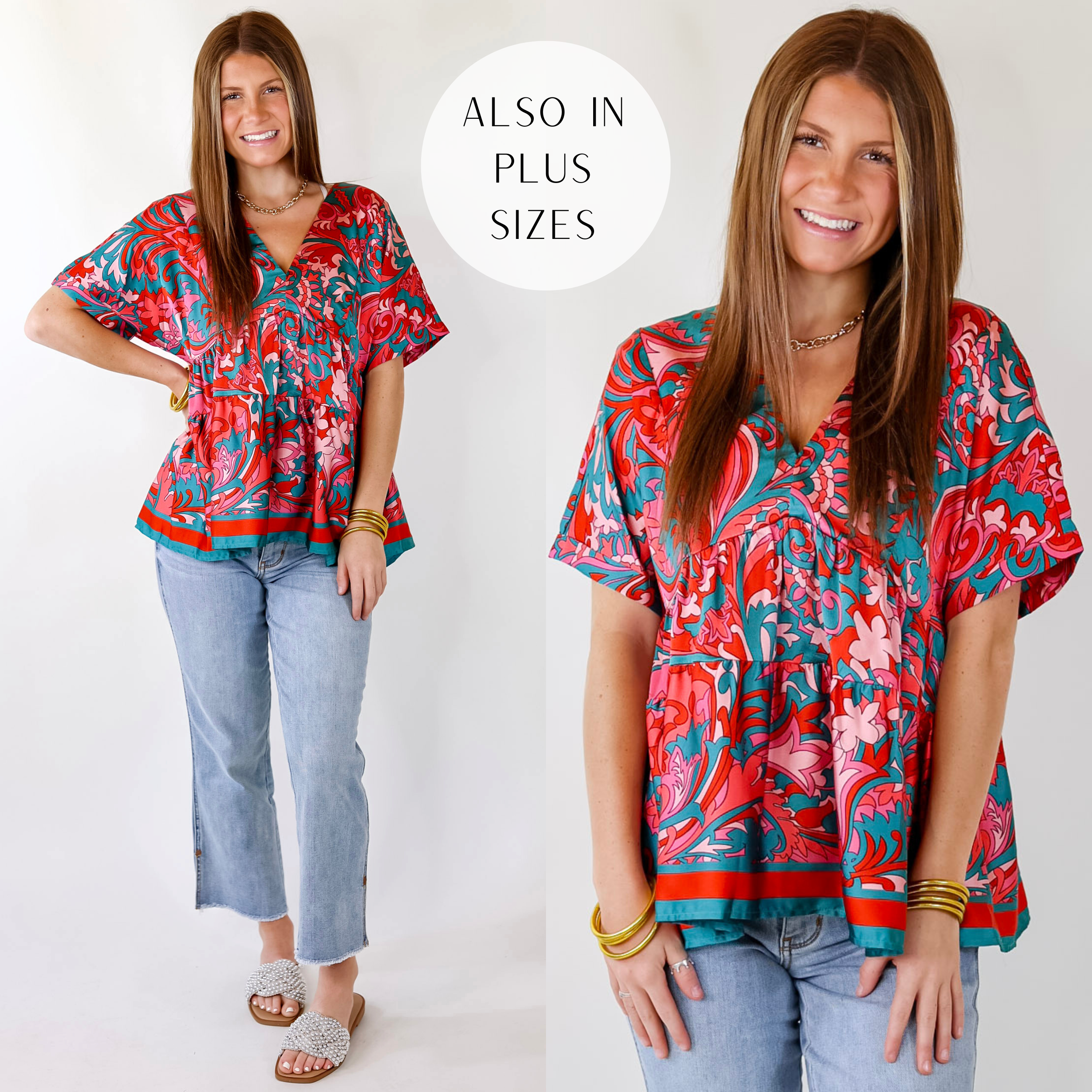 Merlot Meeting Baroque Print V Neck Top in Pink and Teal - Giddy Up Glamour Boutique