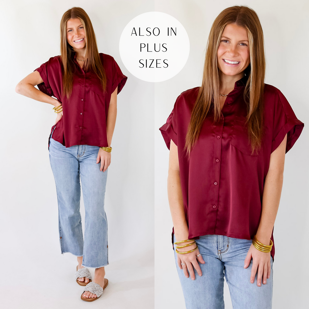 Free To Be Fab Button Up Short Sleeve Top in  Maroon - Giddy Up Glamour Boutique