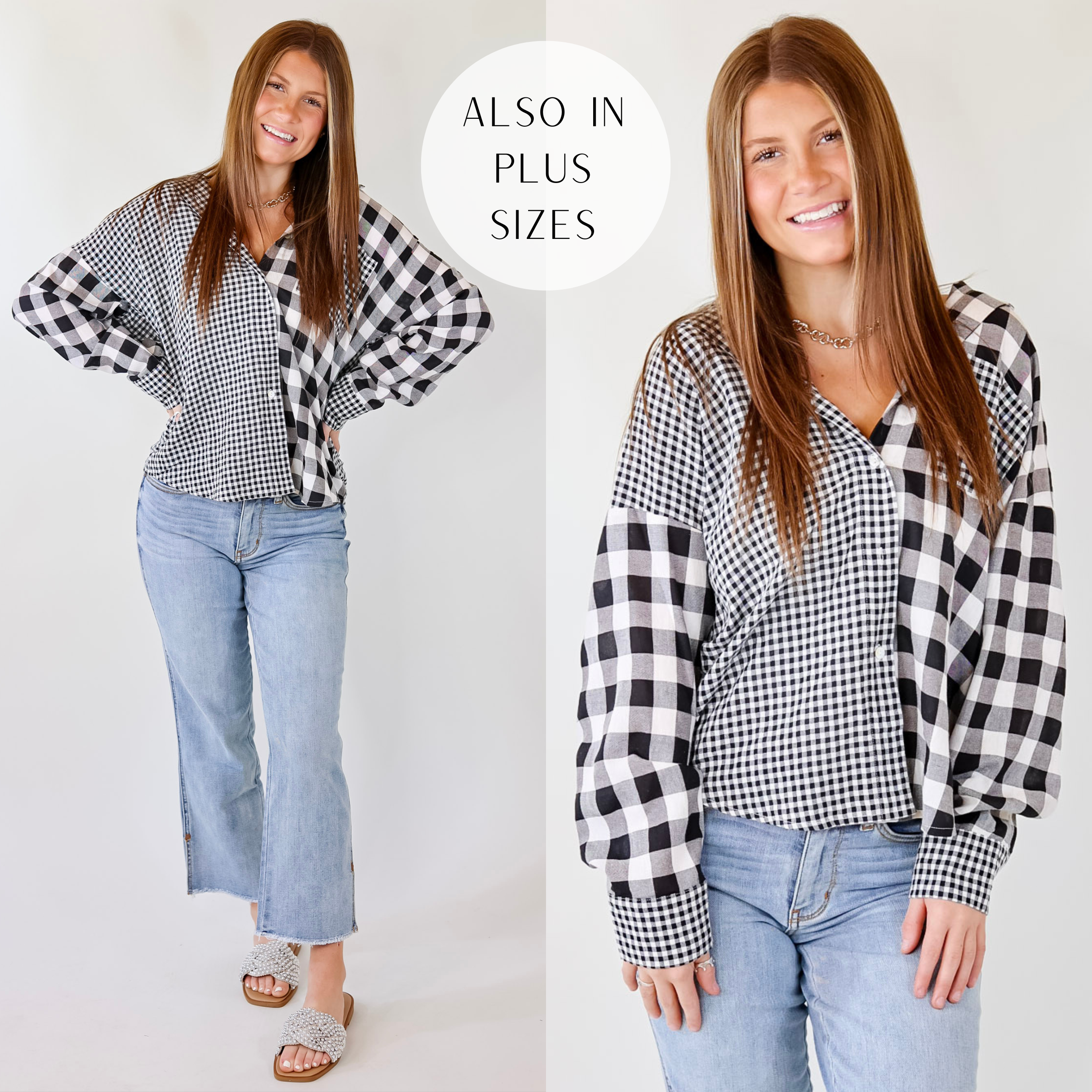 Waiting For You Mix Plaid Button Up Top in Black - Giddy Up Glamour Boutique