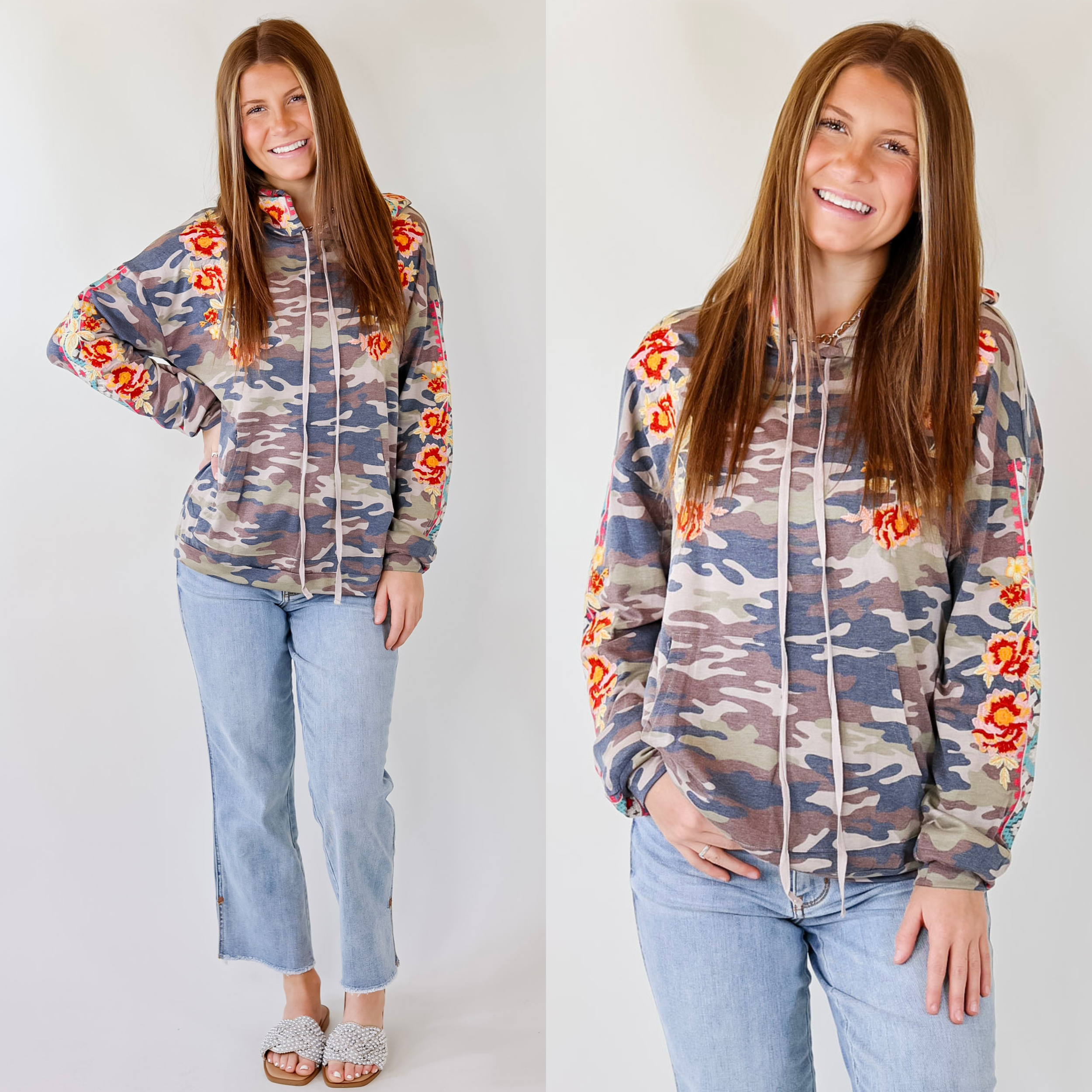 Grace and Bliss Embroidered Pullover Hoodie with Black Velvet Back in Camouflage