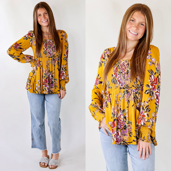 Fairfield Feeling Floral Smocked Babydoll Top with Long Sleeves in Mustard Yellow - Giddy Up Glamour Boutique