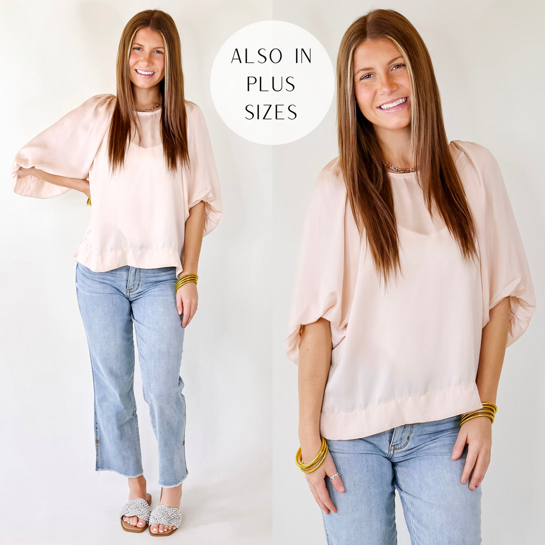Flash A Smile Half Balloon Sleeve Satin Blouse in Champagne - Giddy Up Glamour Boutique