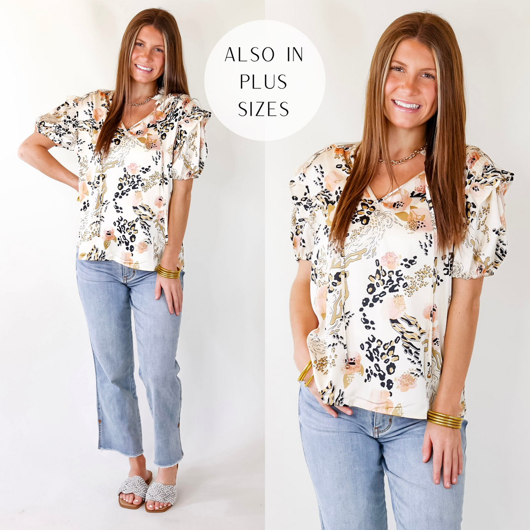 One And Only Mix Print Satin Blouse with Keyhole Front in Ivory - Giddy Up Glamour Boutique