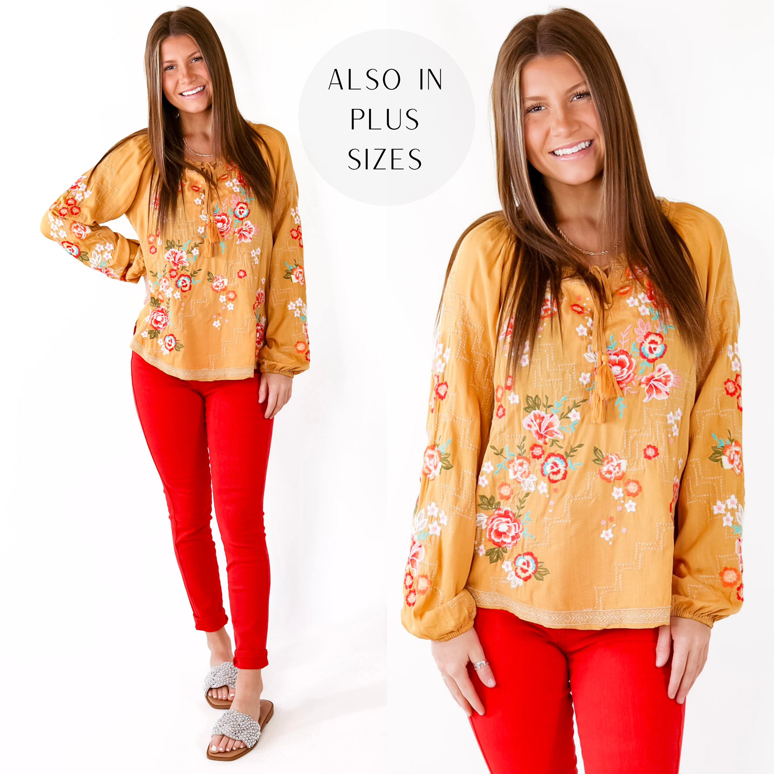 Fashionably Late Embroidered Long Sleeve Top with Front Keyhole and Tie in Mustard Yellow - Giddy Up Glamour Boutique