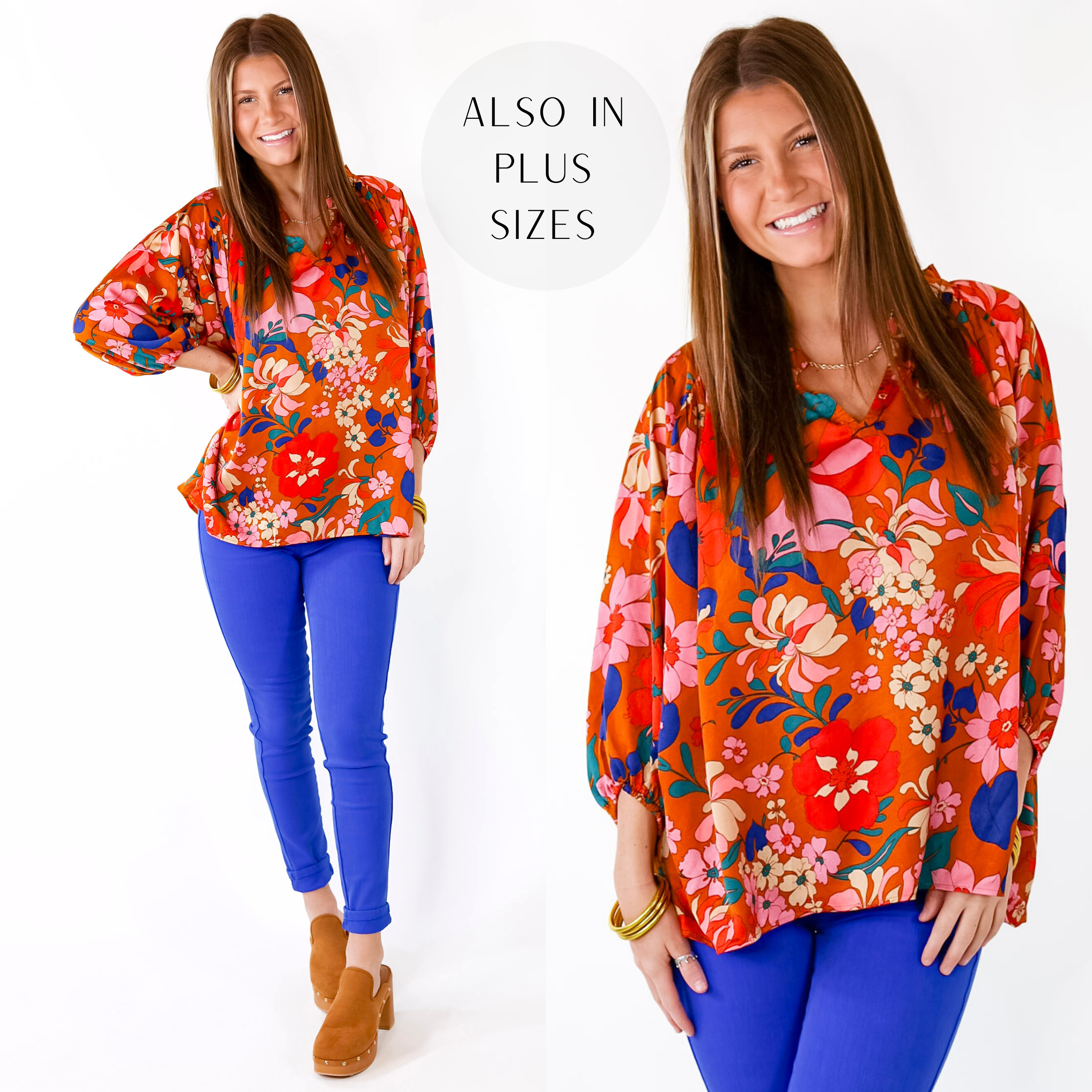 Falling For Floral 3/4 Sleeve Top with Notched Neck in Camel Brown