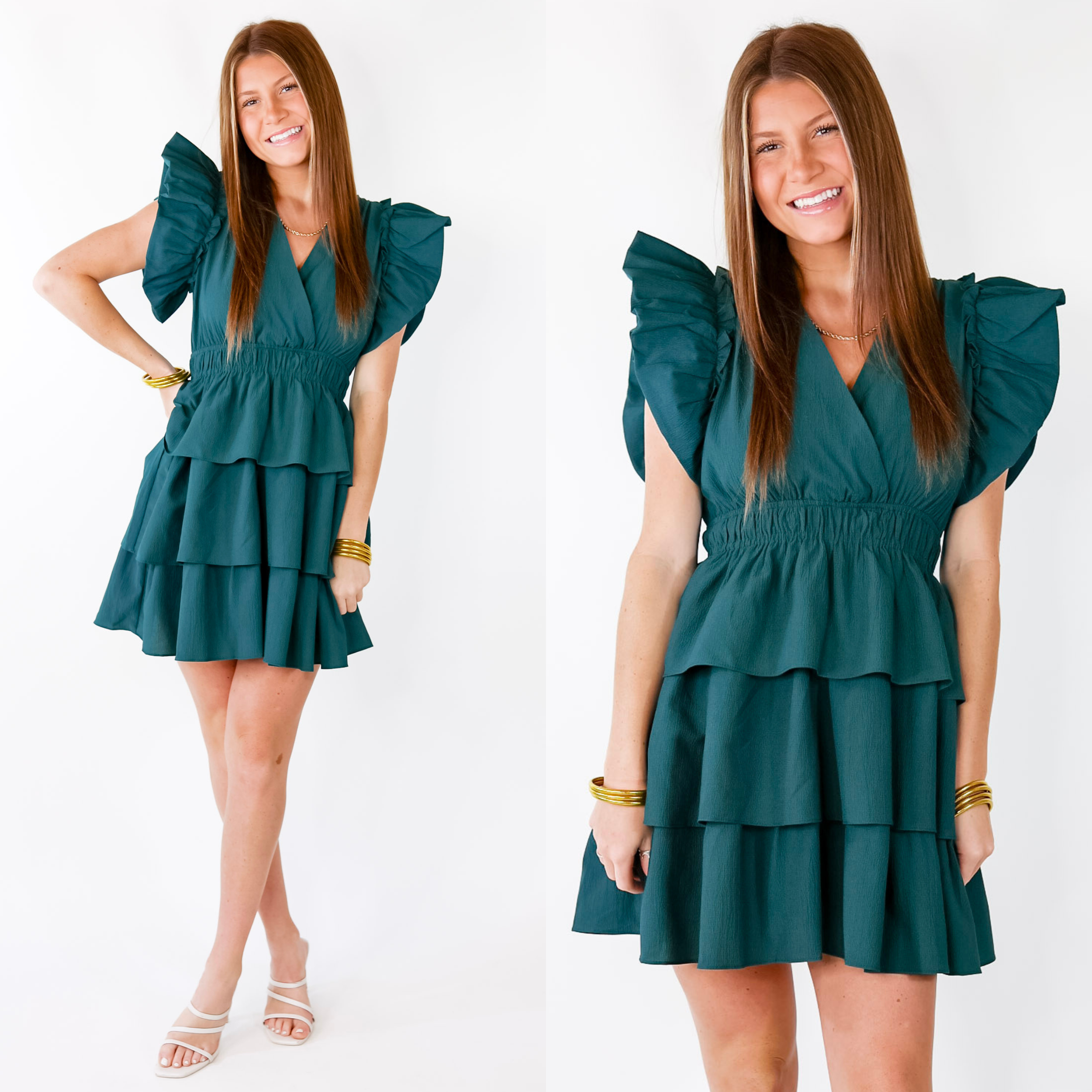 The Perfect Night Ruffle Cap Sleeve Dress in Dark Teal - Giddy Up Glamour Boutique