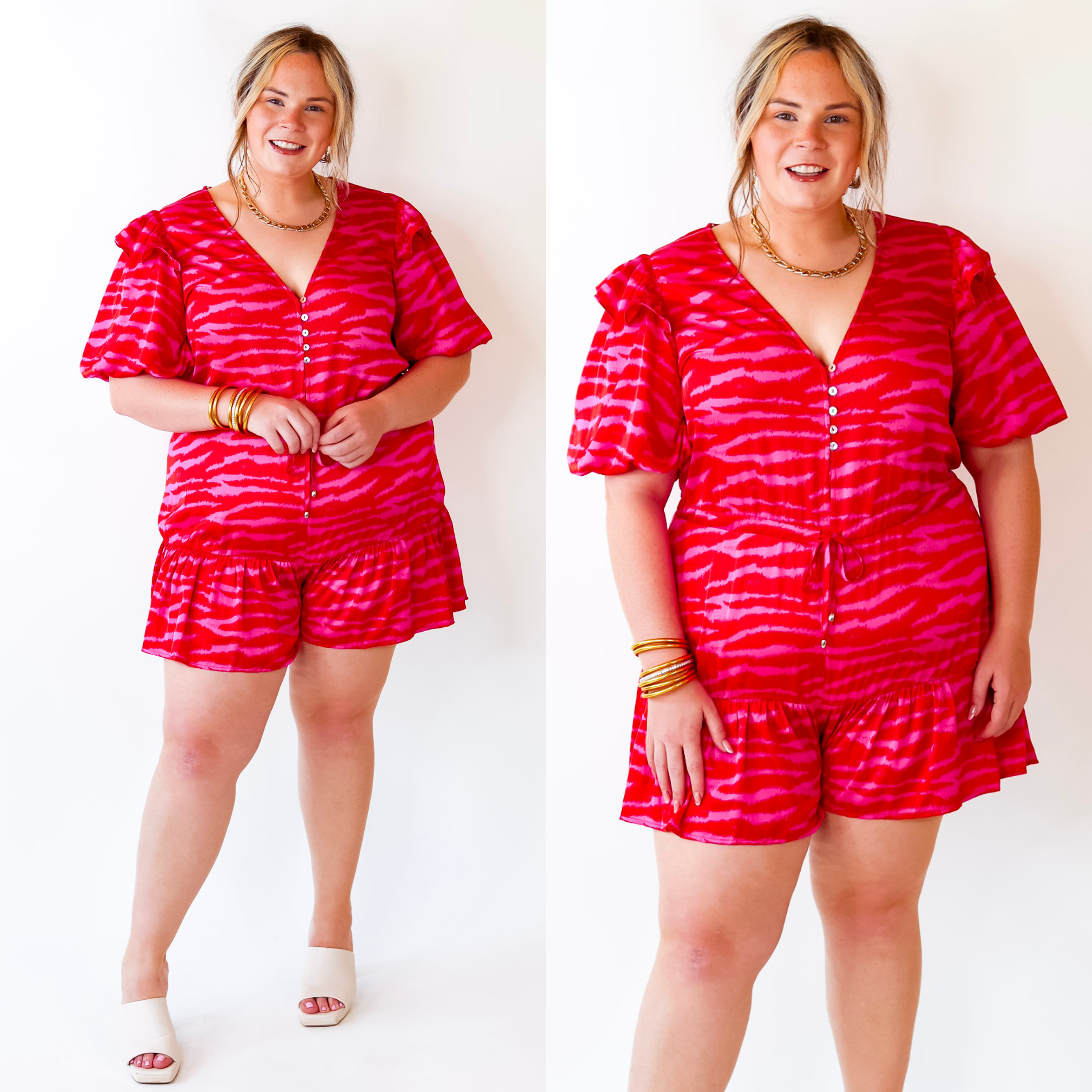 Head Turner Animal Print Romper in Pink and Red - Giddy Up Glamour Boutique