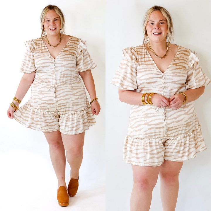 Head Turner Animal Print Romper in Beige and Cream - Giddy Up Glamour Boutique
