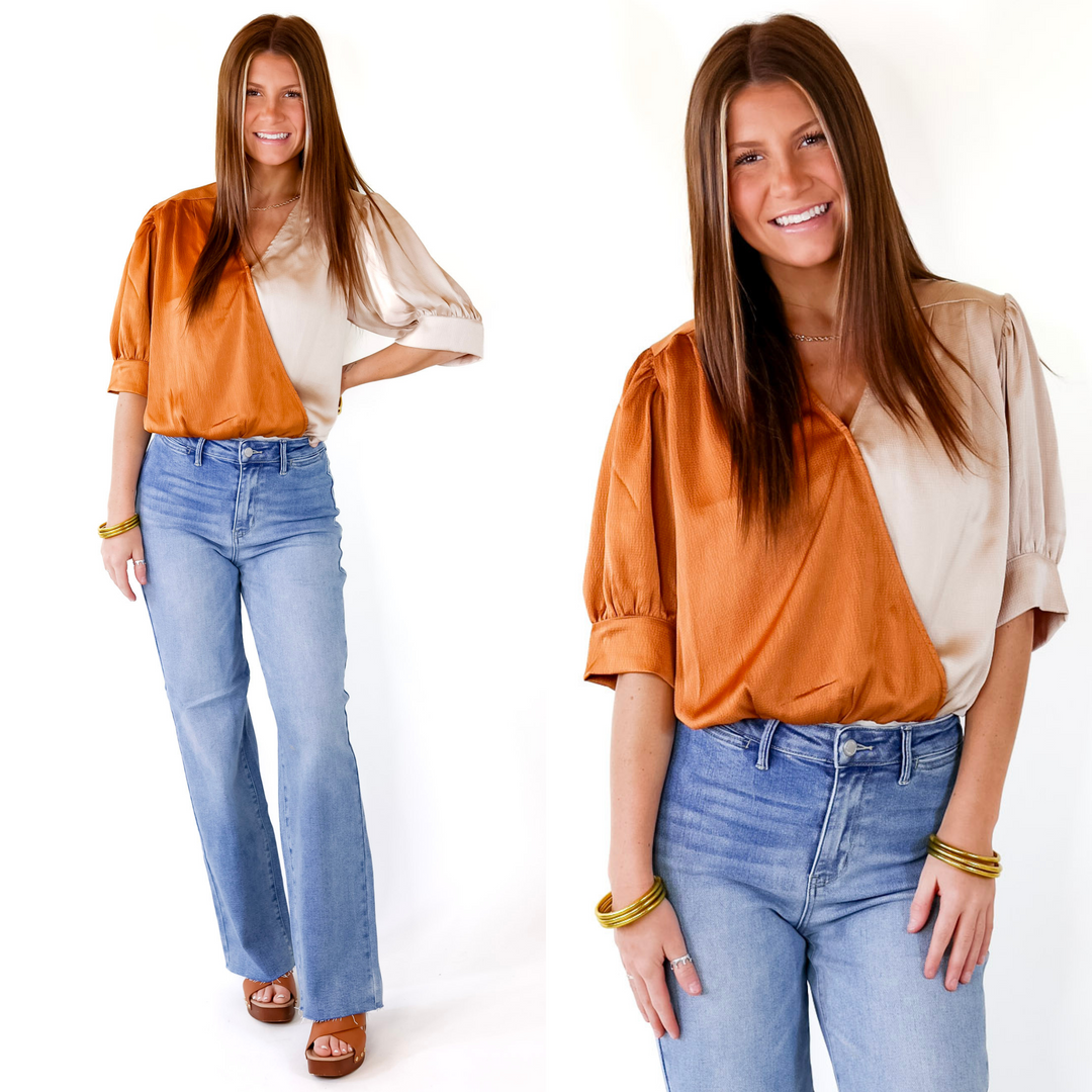 A Lister Color Block Bodysuit with Half Sleeves in Beige and Copper - Giddy Up Glamour Boutique