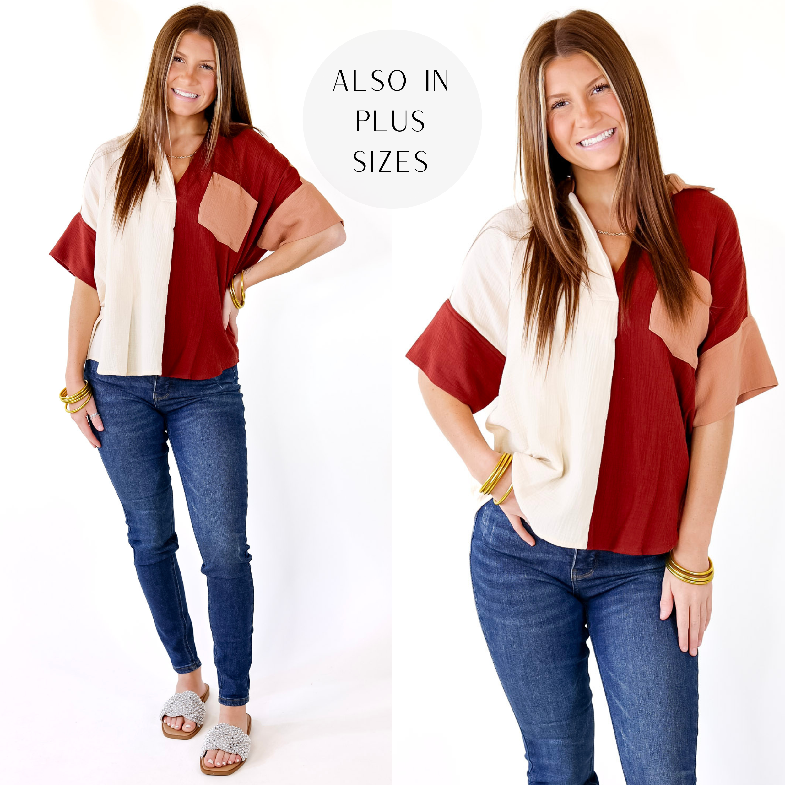 Burst of Joy Collared Color Block Top in Rust Brown Mix - Giddy Up Glamour Boutique