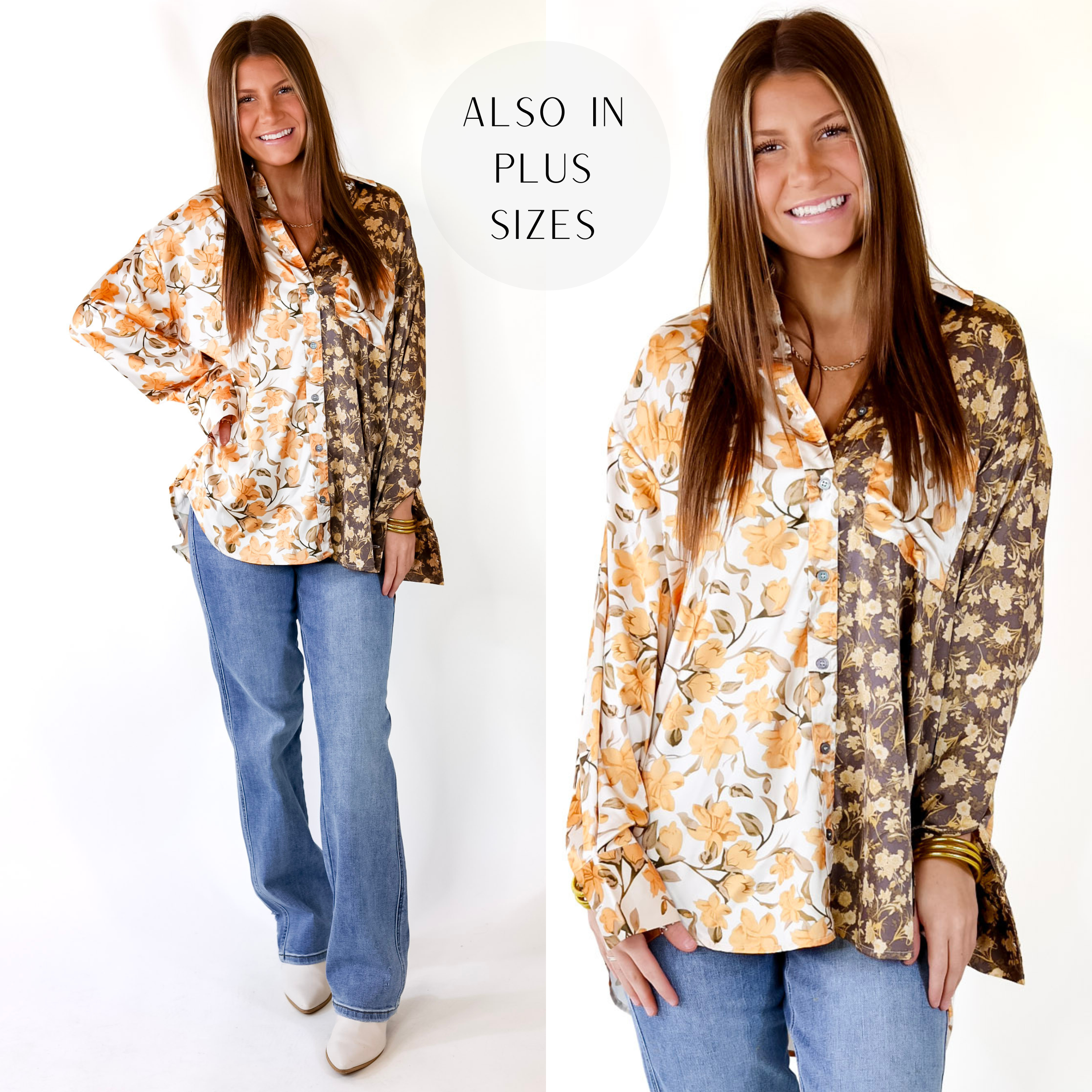 Fall Feels Satin Print Block Top with Long Sleeves in Olive Green and Gold - Giddy Up Glamour Boutique