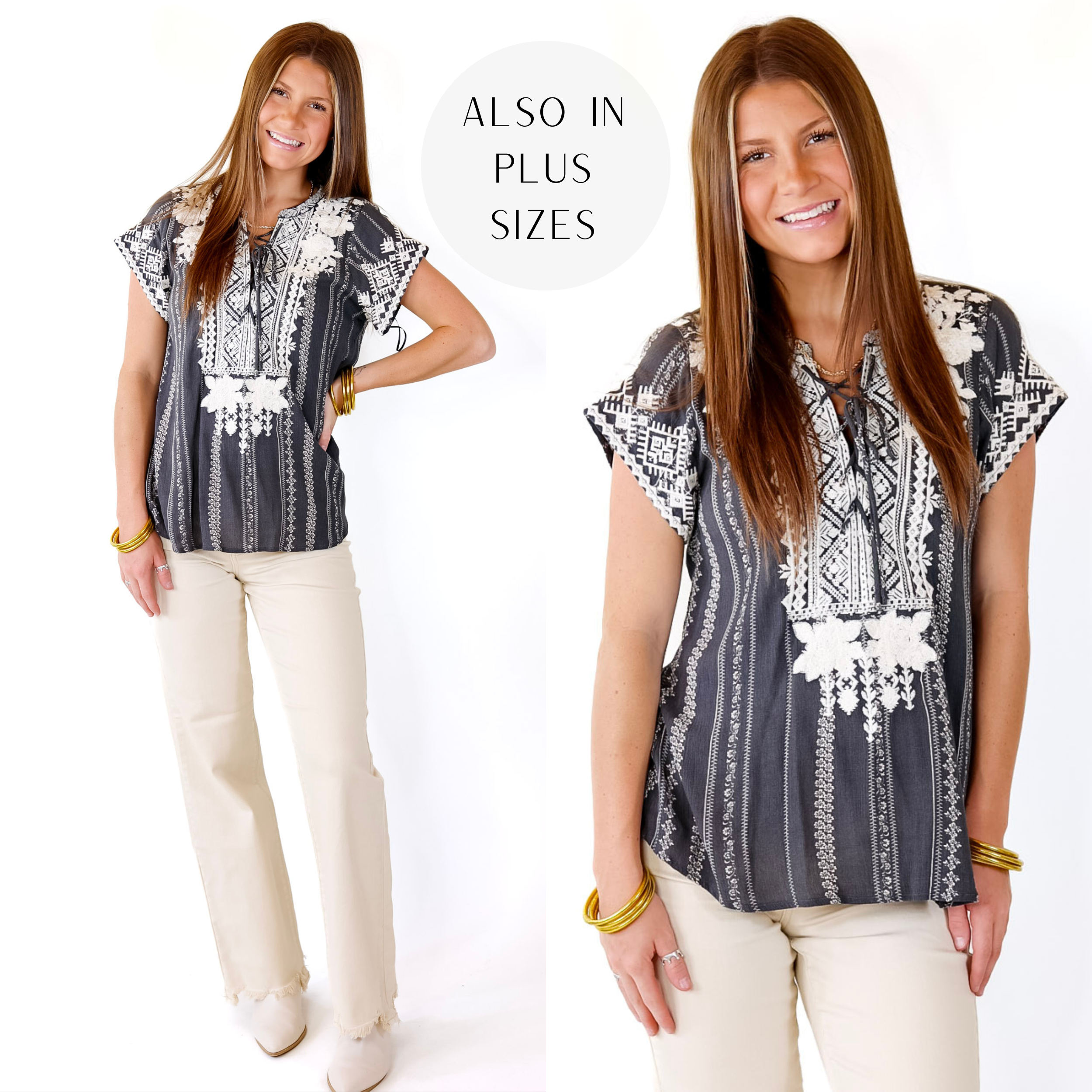 Coastal Comfort Floral Embroidered Top with Criss Cross Neckline in Charcoal Grey - Giddy Up Glamour Boutique