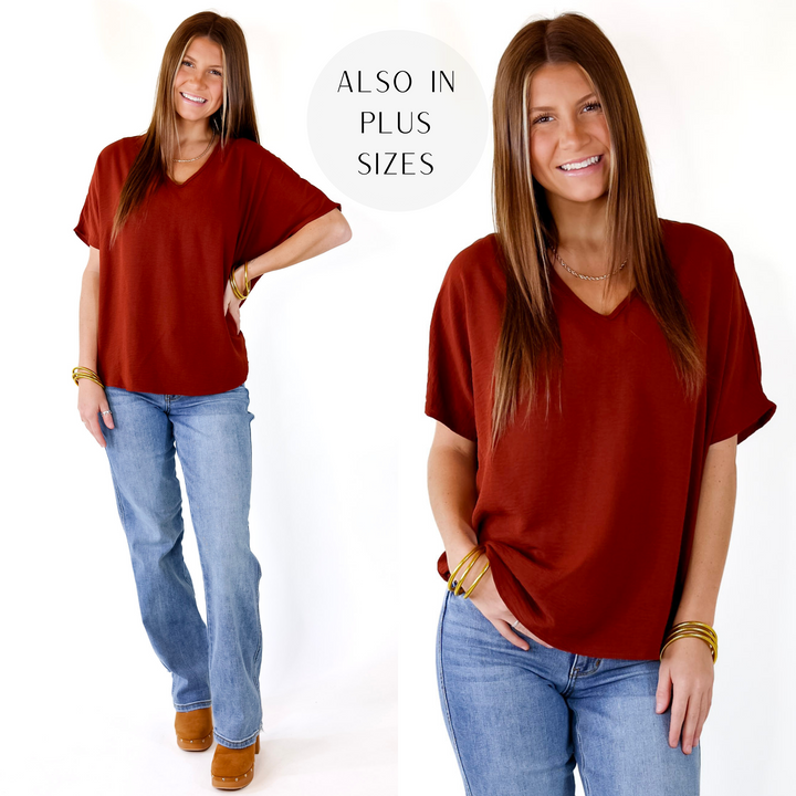 Lovely Dear V Neck Short Sleeve Solid Top in Rust Brown - Giddy Up Glamour Boutique