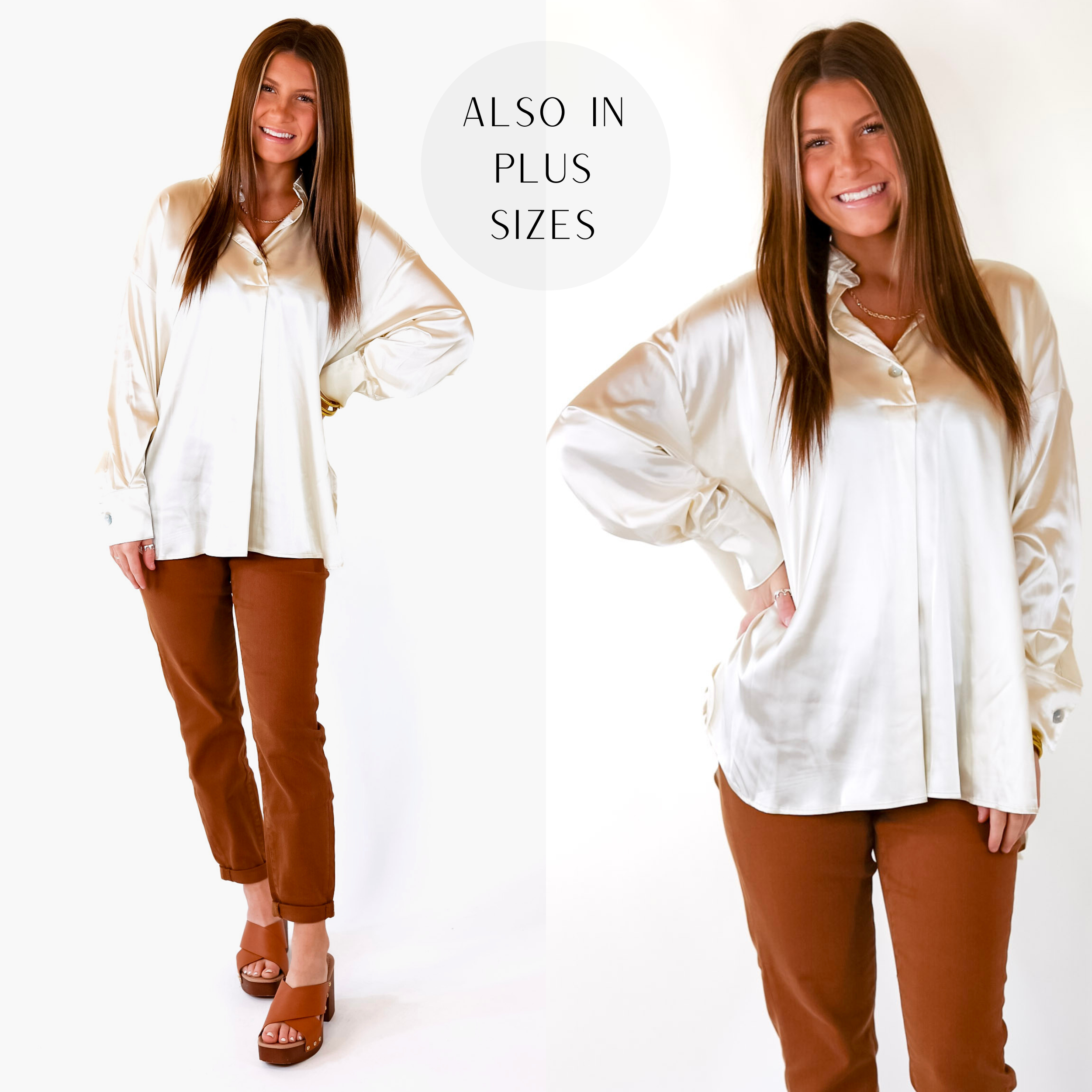 Start The Show Satin Long Sleeve Collared Top in Ivory - Giddy Up Glamour Boutique