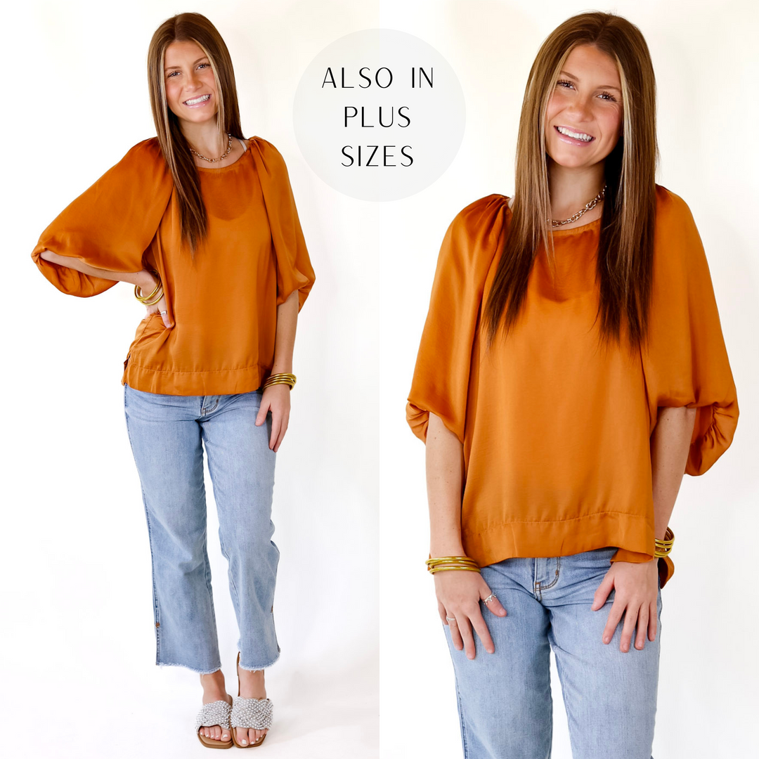 Flash A Smile Half Balloon Sleeve Satin Blouse in Burnt Orange - Giddy Up Glamour Boutique