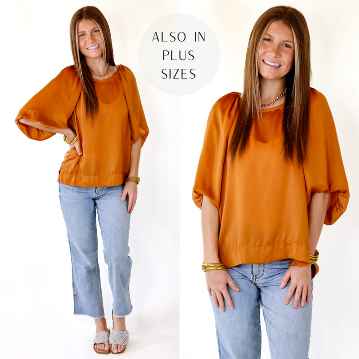 Flash A Smile Half Balloon Sleeve Satin Blouse in Burnt Orange - Giddy Up Glamour Boutique