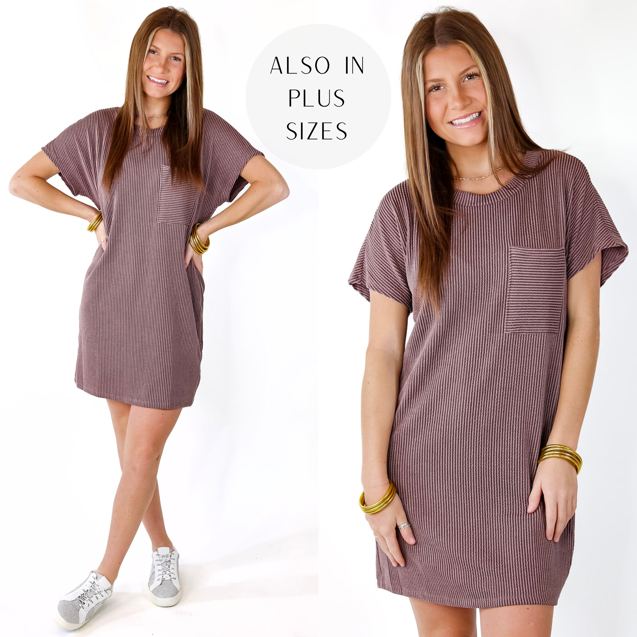 Coffee and Carefree Ribbed Short Sleeve Dress with Front Pocket in Brown - Giddy Up Glamour Boutique