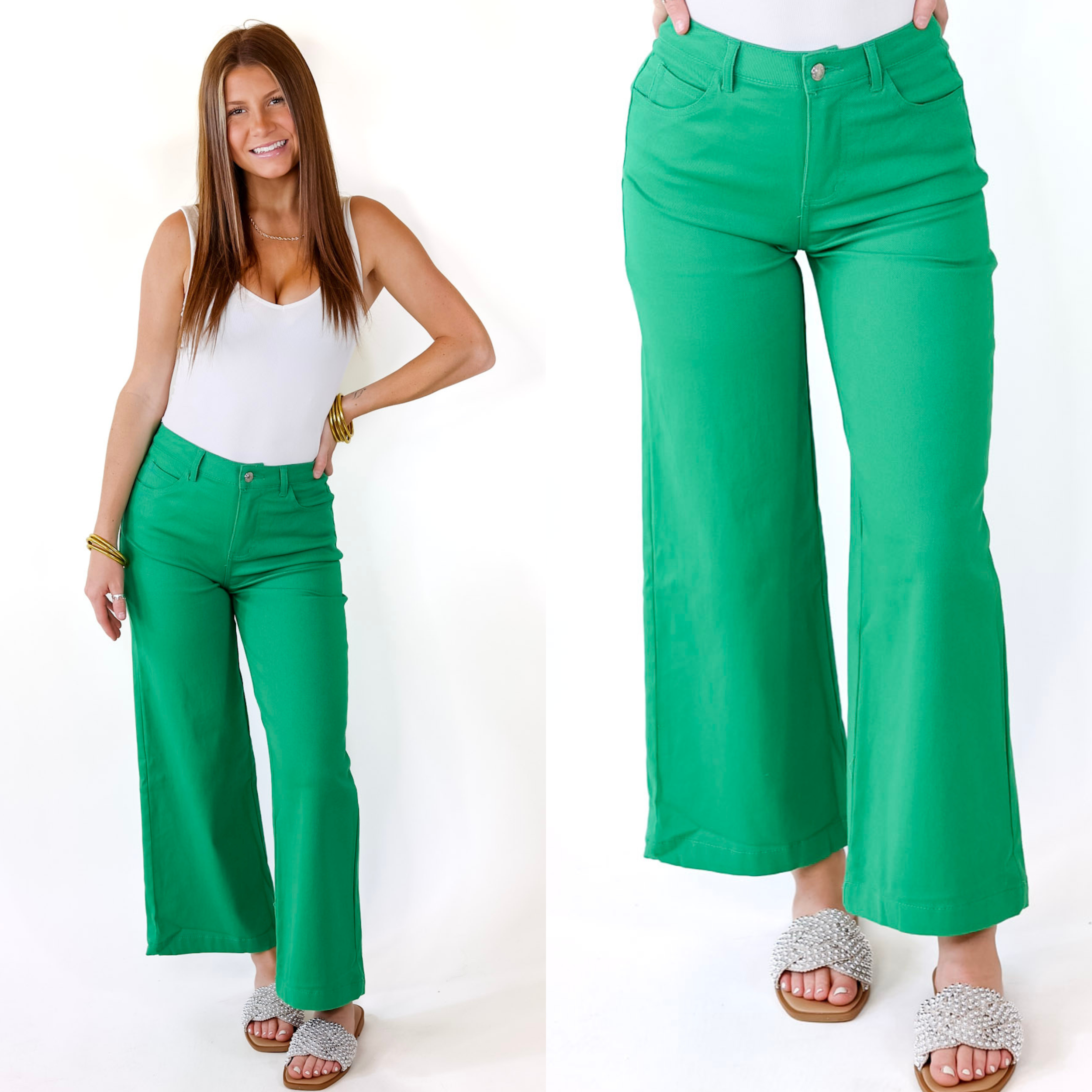 The Best Cropped Wide Leg Jeans in Green - Giddy Up Glamour Boutique