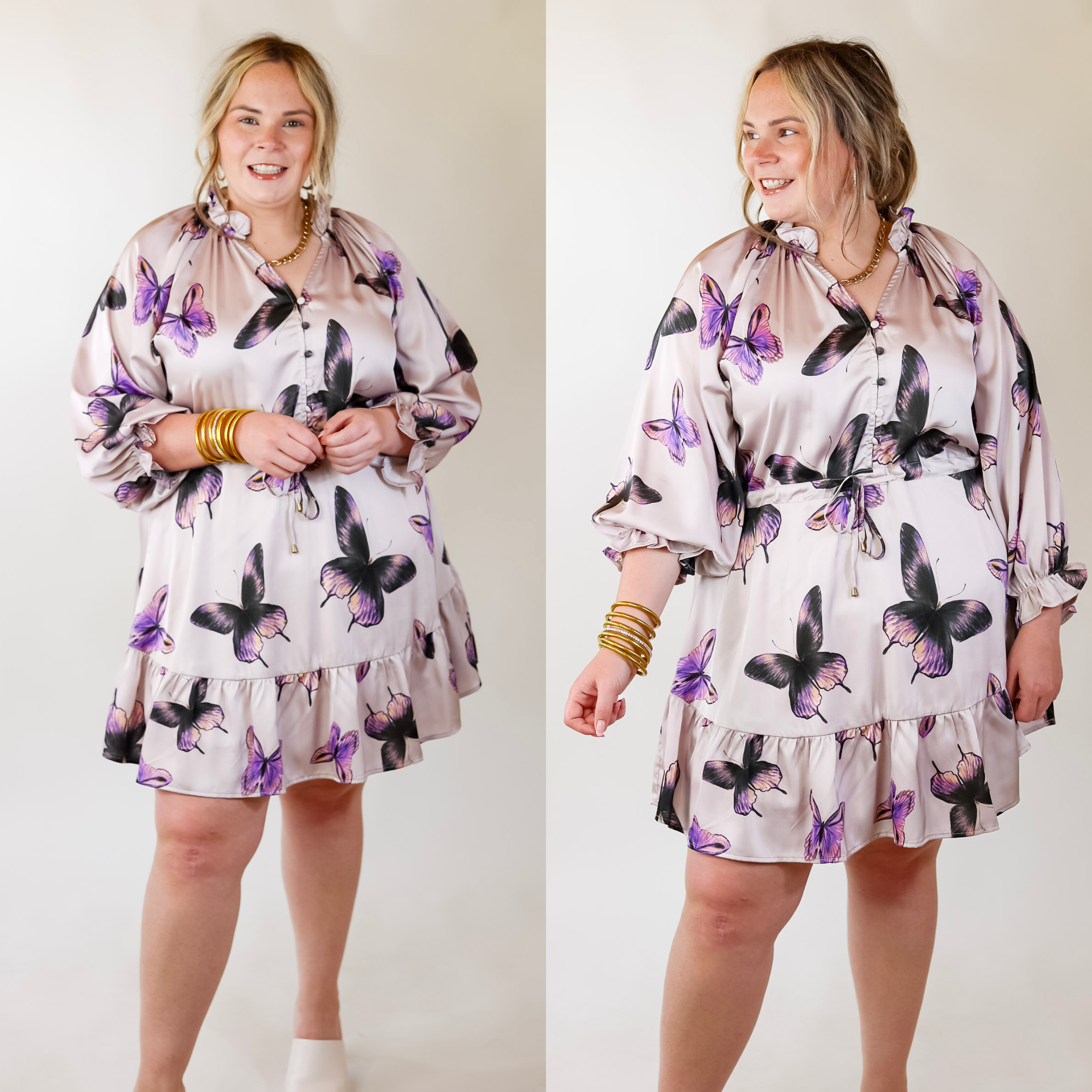 Butterfly Fly Away Half Button Dress with Butterfly Print in Muted Purple