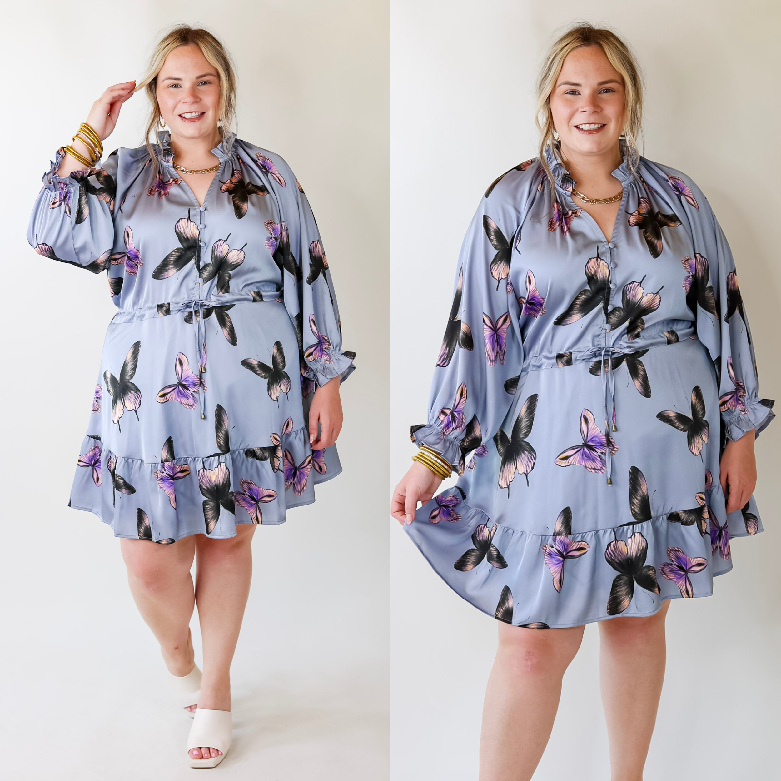 Butterfly Fly Away Half Button Dress with Butterfly Print in Dusty Blue