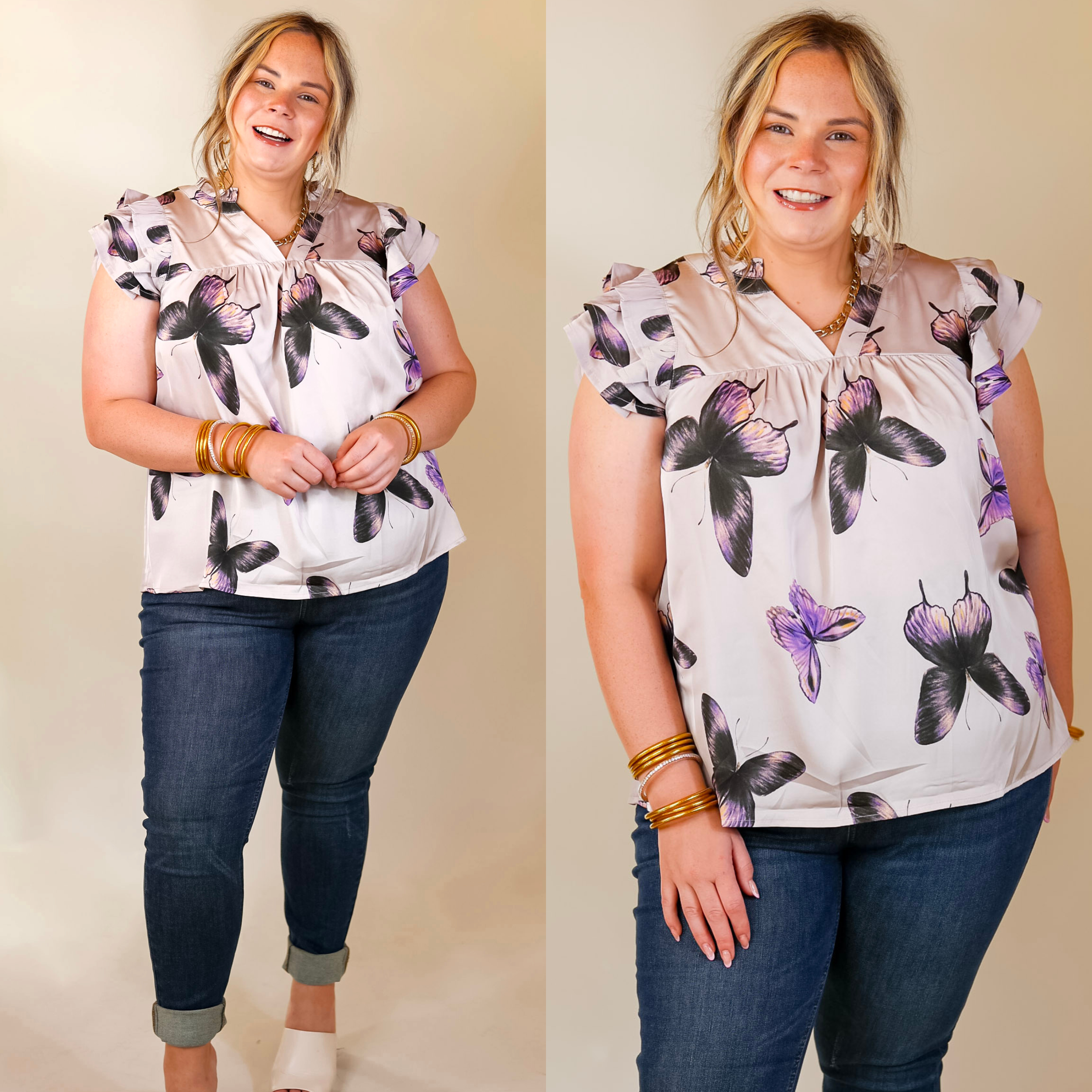 Butterfly Fly Away Top with Butterfly Print in Muted Purple - Giddy Up Glamour Boutique