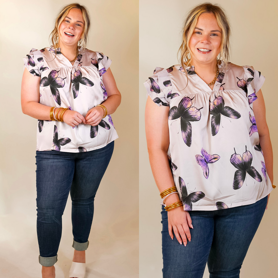 Butterfly Fly Away Top with Butterfly Print in Muted Purple - Giddy Up Glamour Boutique