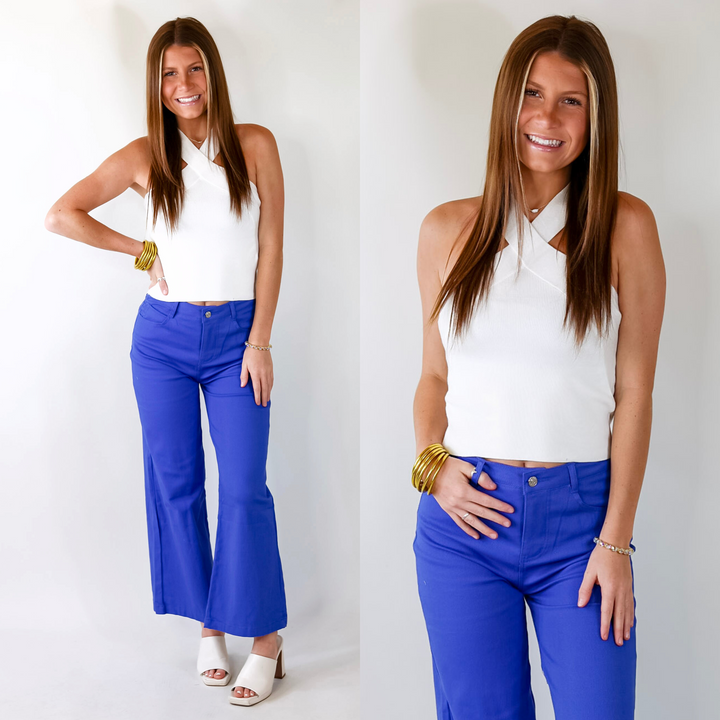 Talk To Me Crossed Strap Top in Off White - Giddy Up Glamour Boutique